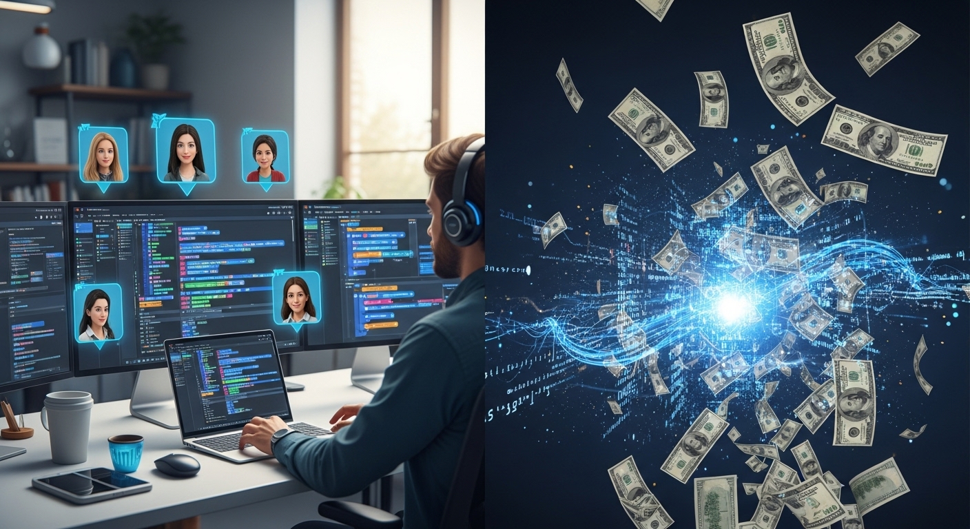 Split-screen visualization showing a developer's workspace with multiple AI coding assistants on screens, dollar bills floating away on one side, futuristic holographic code on the other, modern tech aesthetic