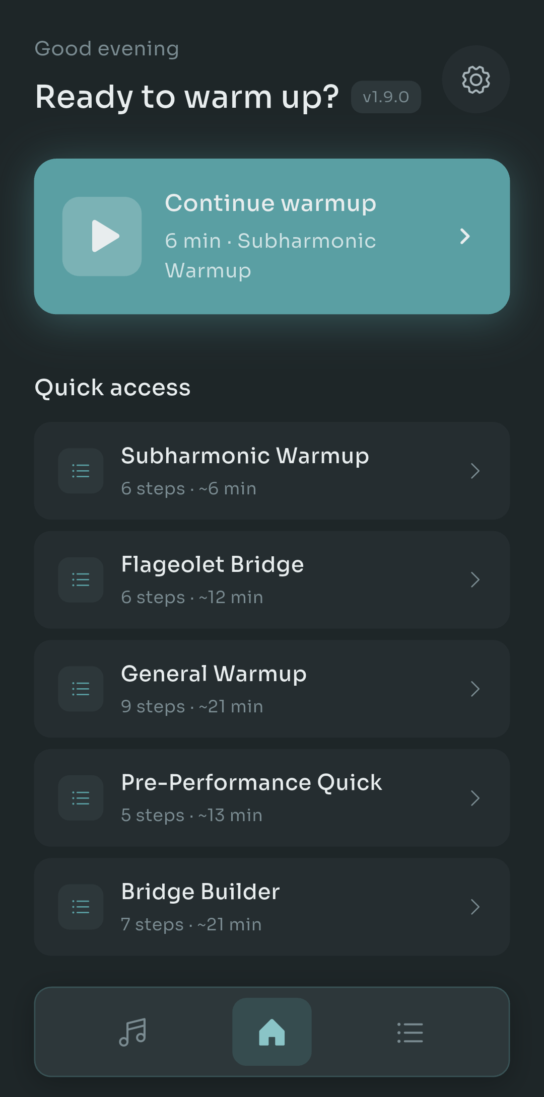 Scalita home screen showing a Continue warmup card and a Quick access list of routines with step counts and durations