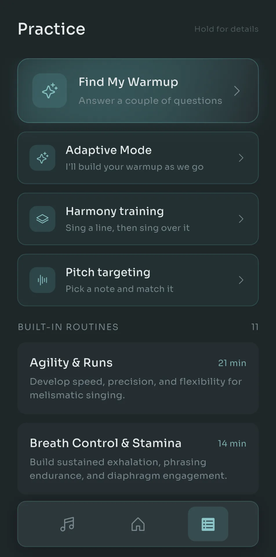 Scalita Practice tab with Find My Warmup, Adaptive Mode, Harmony training and Pitch targeting at the top, and built-in routines like Agility & Runs and Breath Control & Stamina below