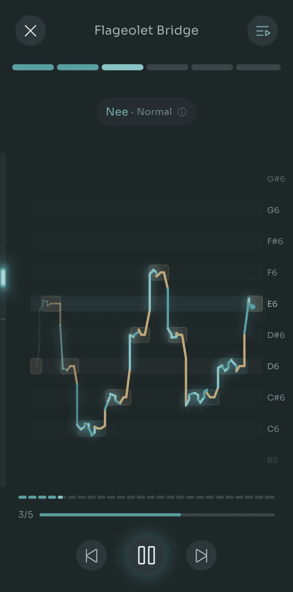 Scalita player mid-exercise in the Flageolet Bridge routine, showing the syllable chip Nee Normal, target note dots and the singer's live pitch trail against note labels