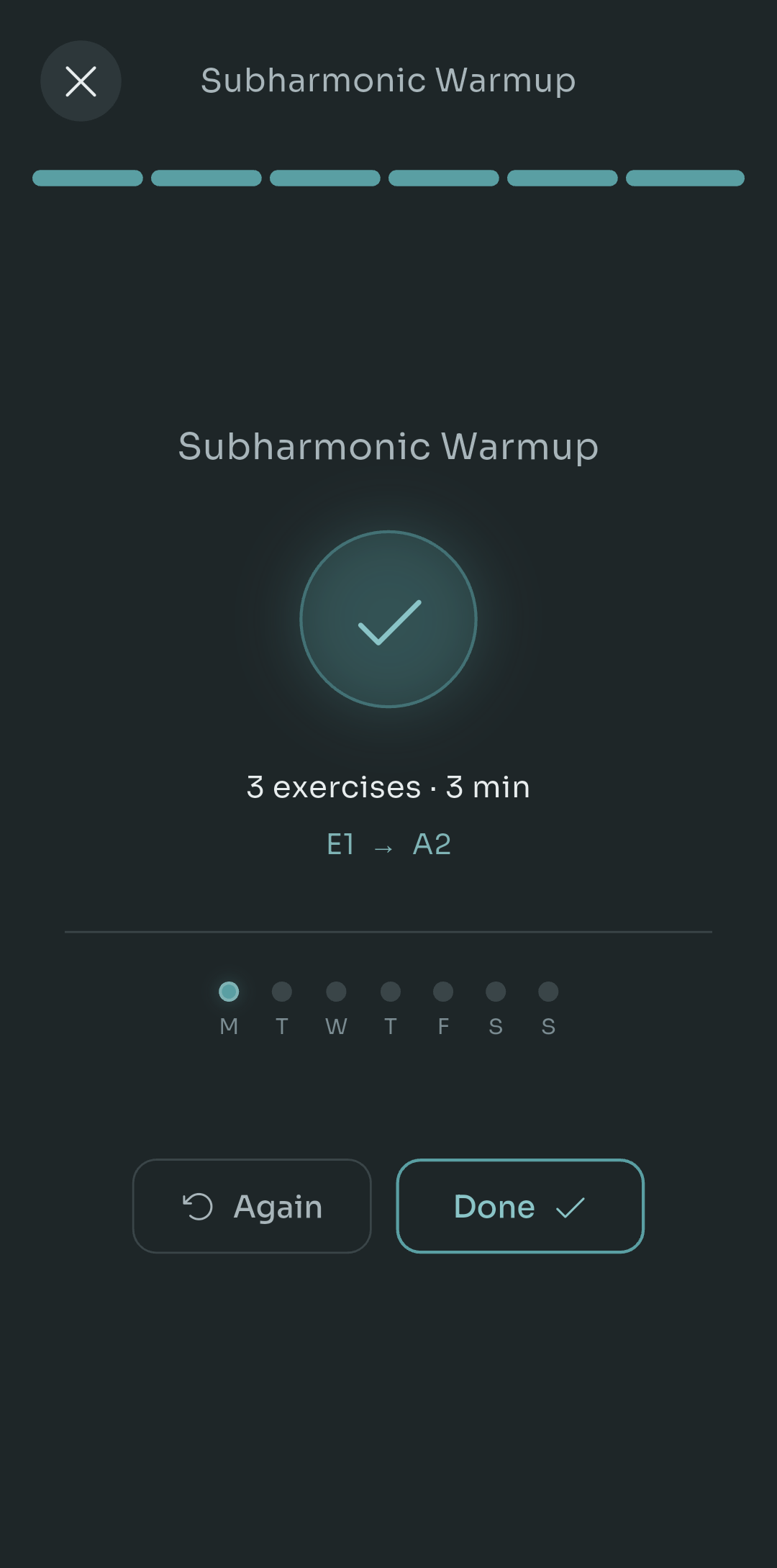 Scalita end-of-routine screen with a checkmark, a summary of exercises, time and range covered, weekly practice dots for Monday through Sunday, and Again and Done buttons