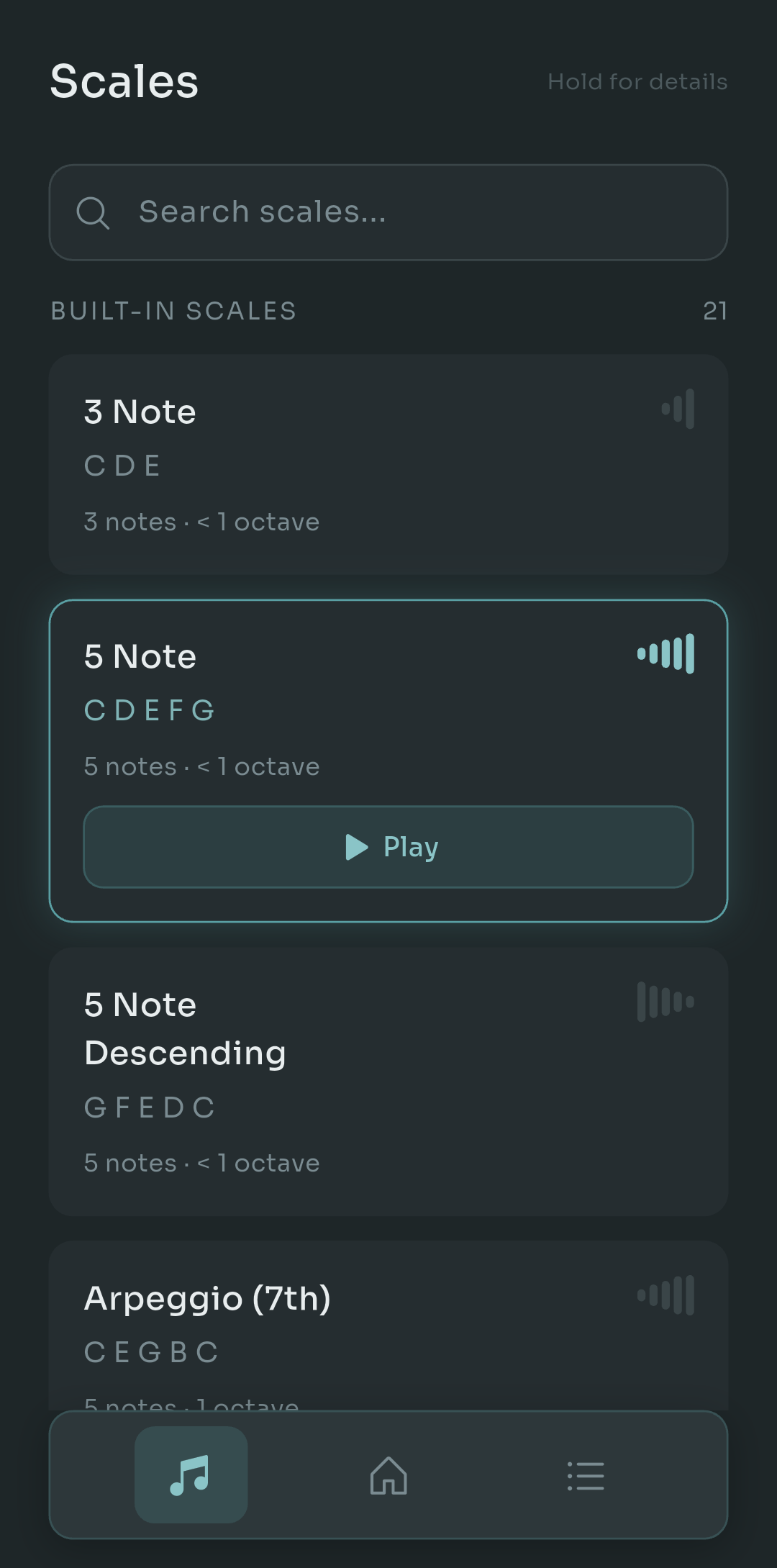 Scalita Scales tab listing built-in scales such as 3 Note, 5 Note, 5 Note Descending and Arpeggio (7th), each with its note names, span and a small shape preview