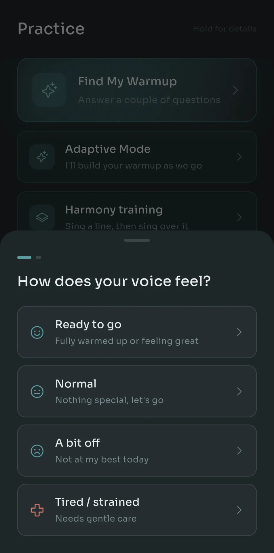 Scalita's Find My Warmup asking how your voice feels, with four options: ready to go, normal, a bit off, and tired or strained
