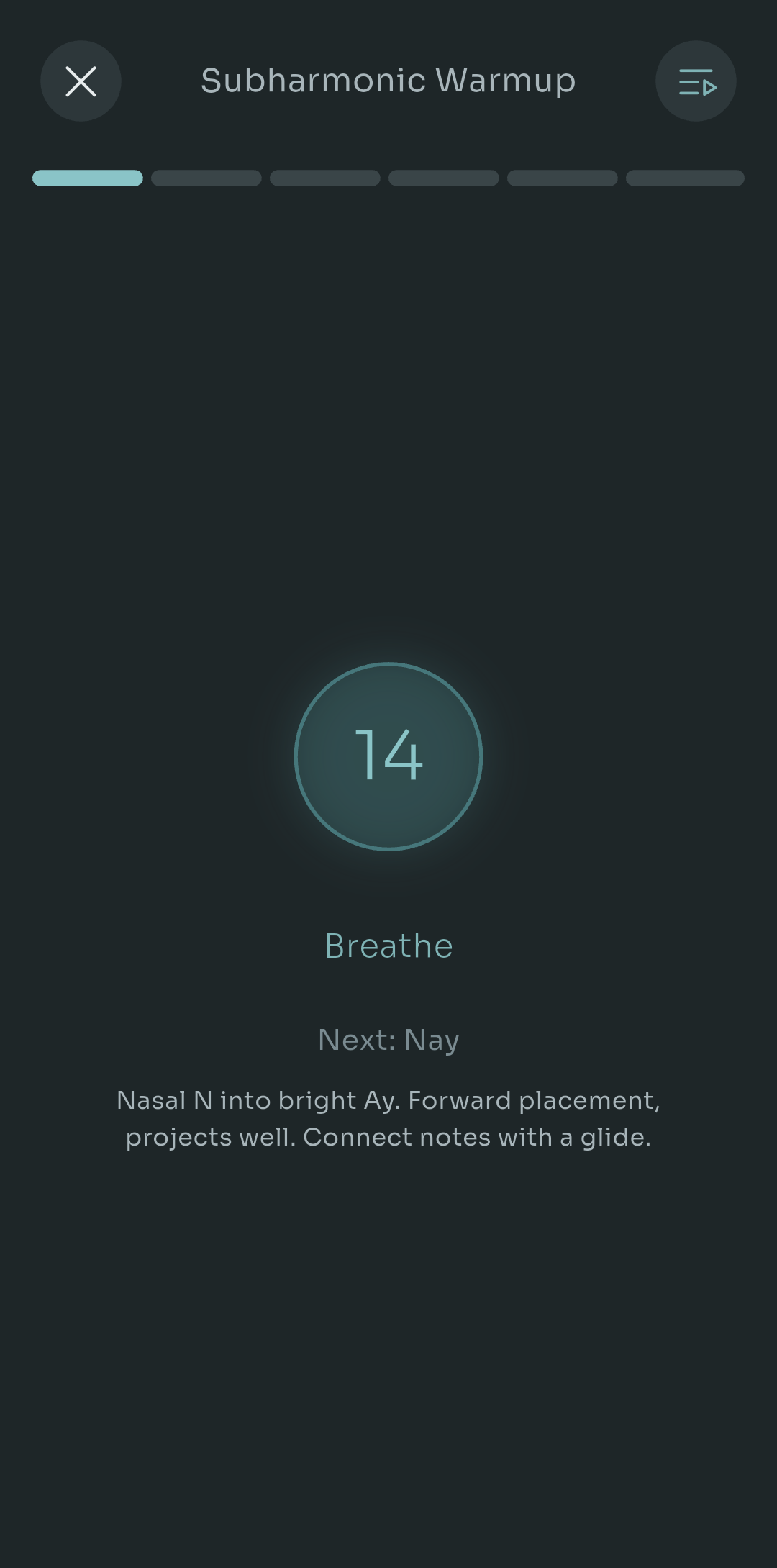 A breathing countdown between exercises in Scalita, showing the next exercise Nay with its technique cue about nasal N into bright Ay