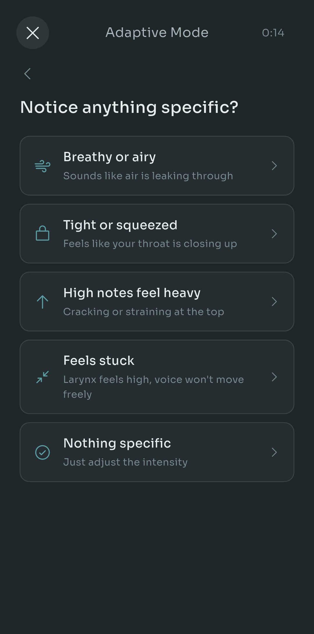Scalita's Adaptive Mode asking if you notice anything specific: breathy or airy, tight or squeezed, high notes feel heavy, feels stuck, or nothing specific