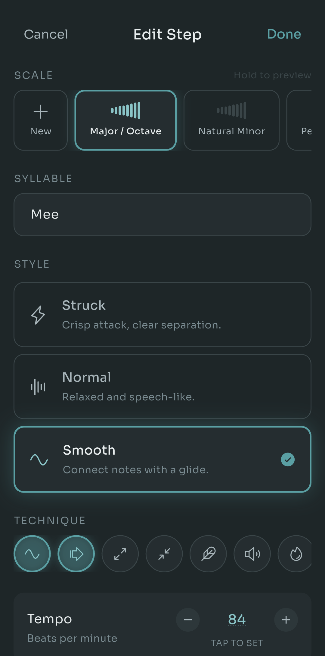 Scalita Edit Step screen showing scale selection, the syllable Mee, attack style options Struck, Normal and Smooth, technique toggles and a tempo of 84 beats per minute