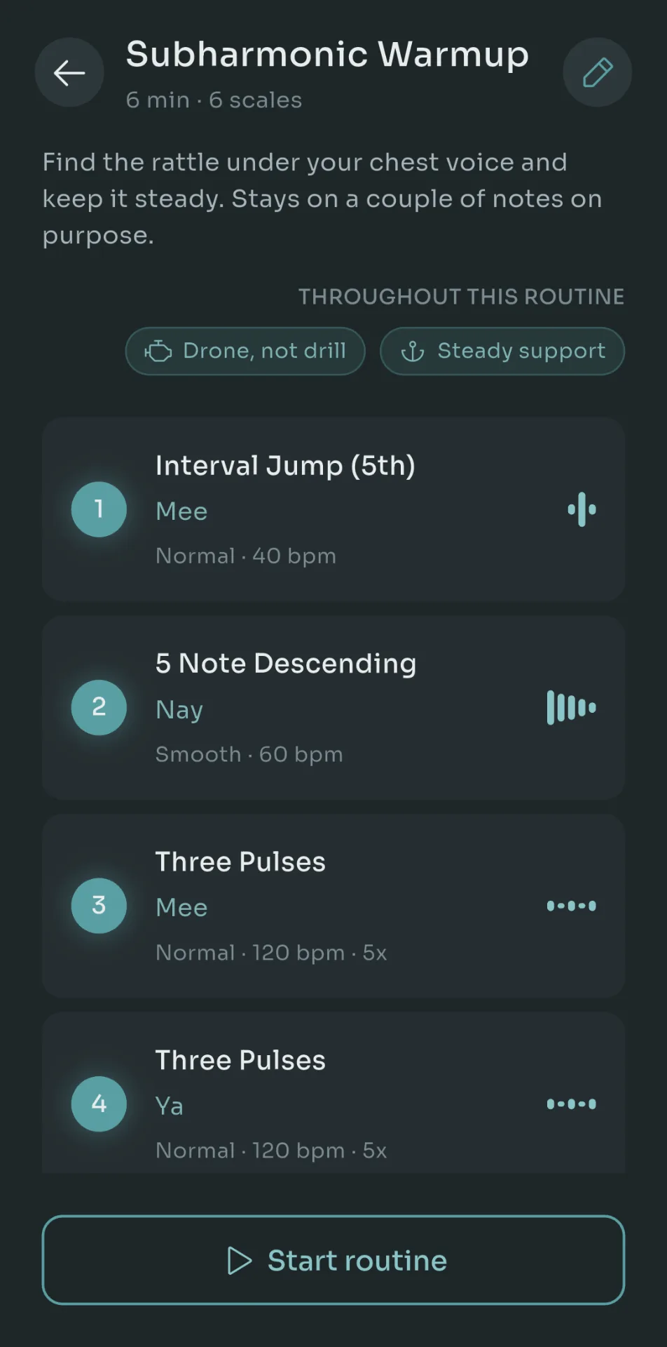 Subharmonic Warmup routine overview in Scalita with the cues Drone not drill and Steady support, followed by six steps including Interval Jump, 5 Note Descending and Three Pulses