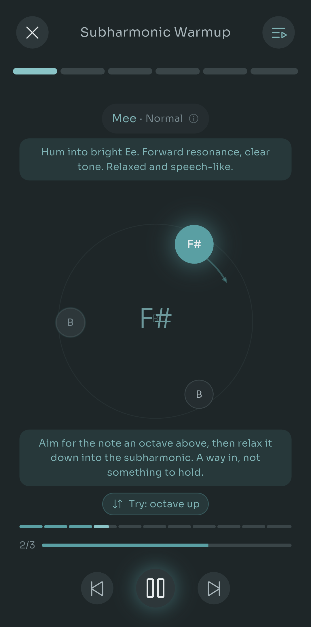 Scalita mid-exercise screen on F sharp during the Subharmonic Warmup, with the cue to aim for the note an octave above and relax into the subharmonic, and a Try octave up suggestion