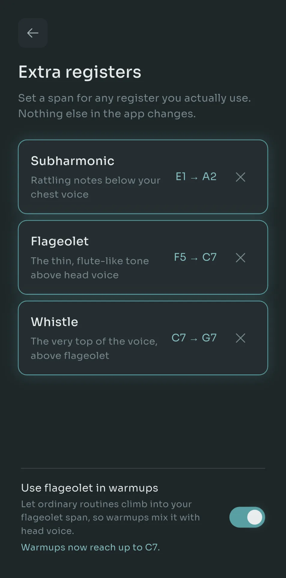 Scalita Extra registers screen showing subharmonic E1 to A2, flageolet F5 to C7, whistle C7 to G7, with a toggle to use flageolet in warmups
