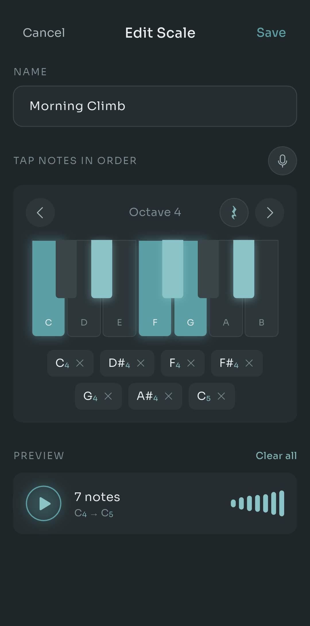 Scalita's Edit Scale screen for a scale named Morning Climb, with an on-screen piano keyboard in octave 4, seven tapped notes listed below it, and a preview showing 7 notes from C4 to C5