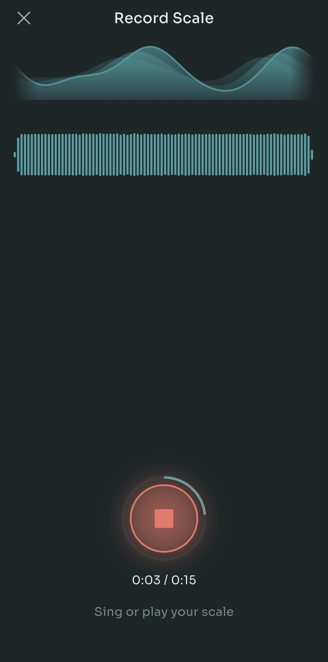 Scalita's Record Scale screen mid-recording, showing a live waveform and a 15 second timer with the prompt to sing or play your scale