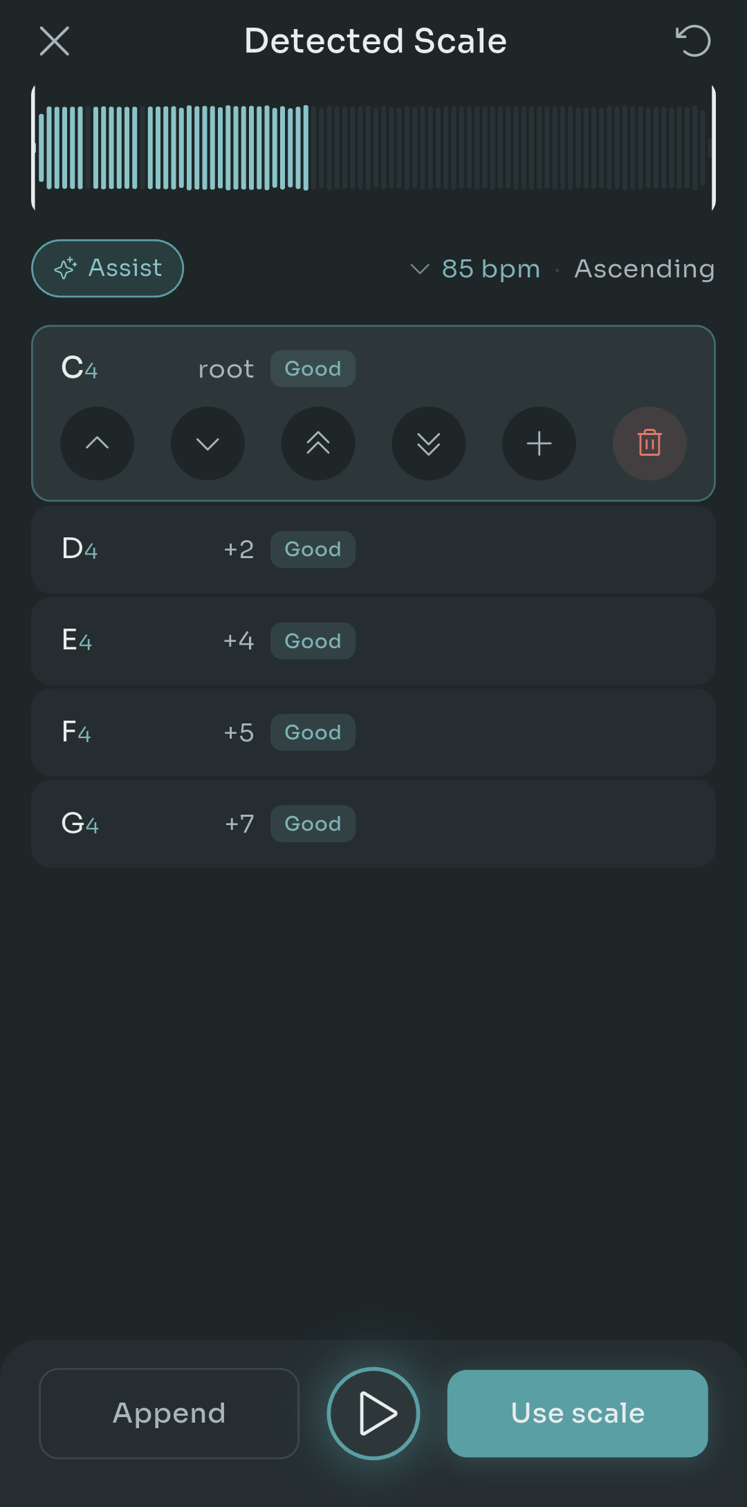 Scalita's Detected Scale screen listing C4 as root followed by D4, E4, F4 and G4, each marked with its interval from the root and a Good confidence label, with controls to move, add or delete notes