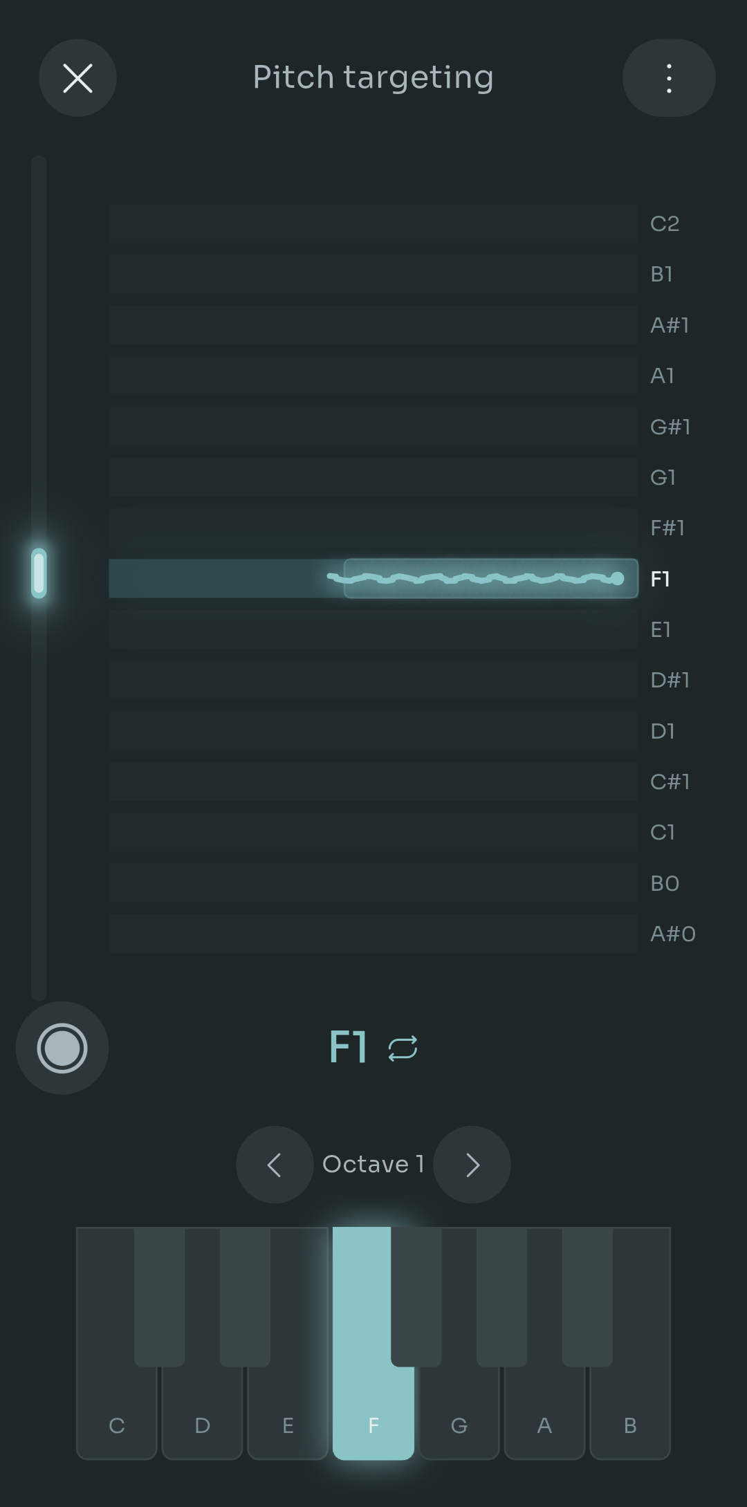 Scalita pitch targeting screen with F1 selected on the keyboard and a wavy voice trail holding steady on the F1 line