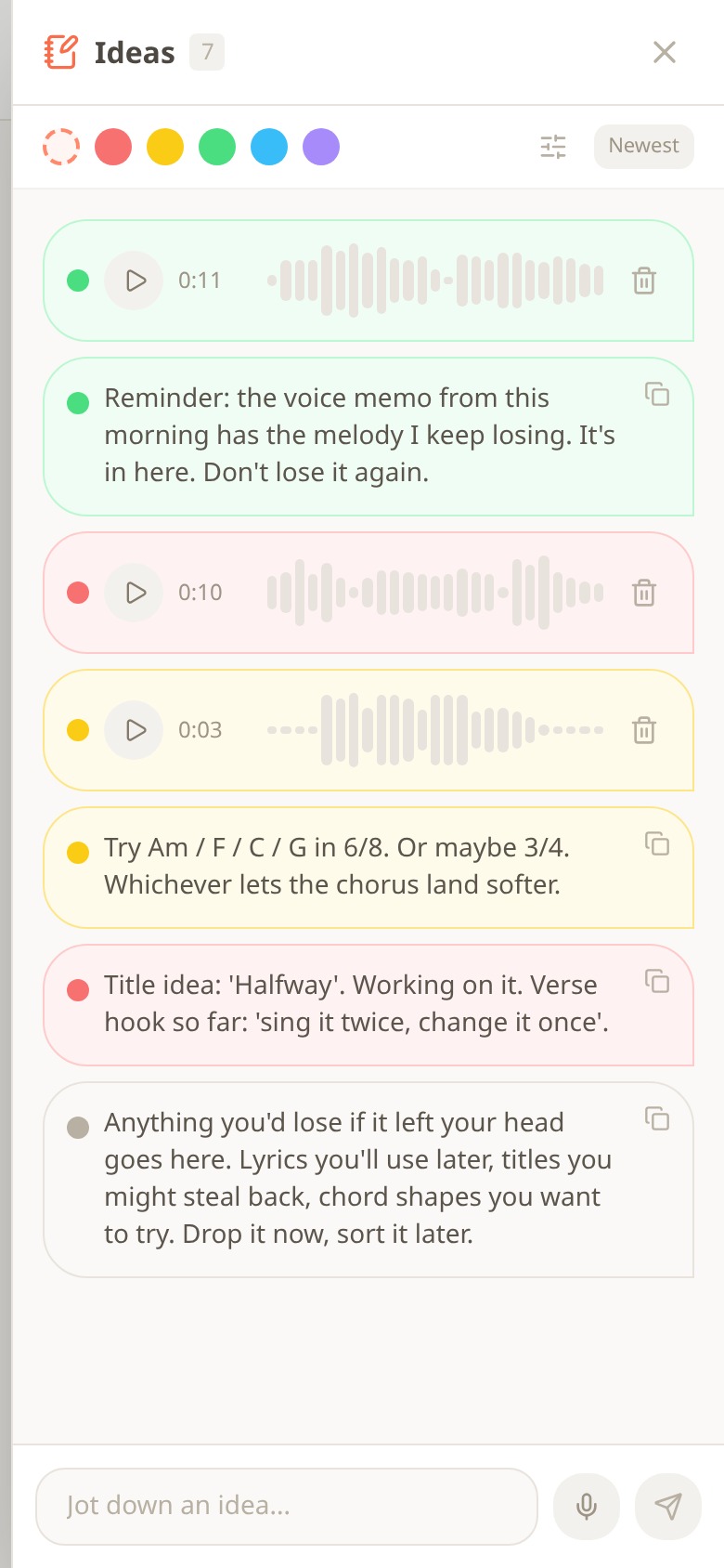 The Melodoodle Ideas scratchpad with seven colour-tagged entries: three short voice memos and four text notes about chords, a title and a hook
