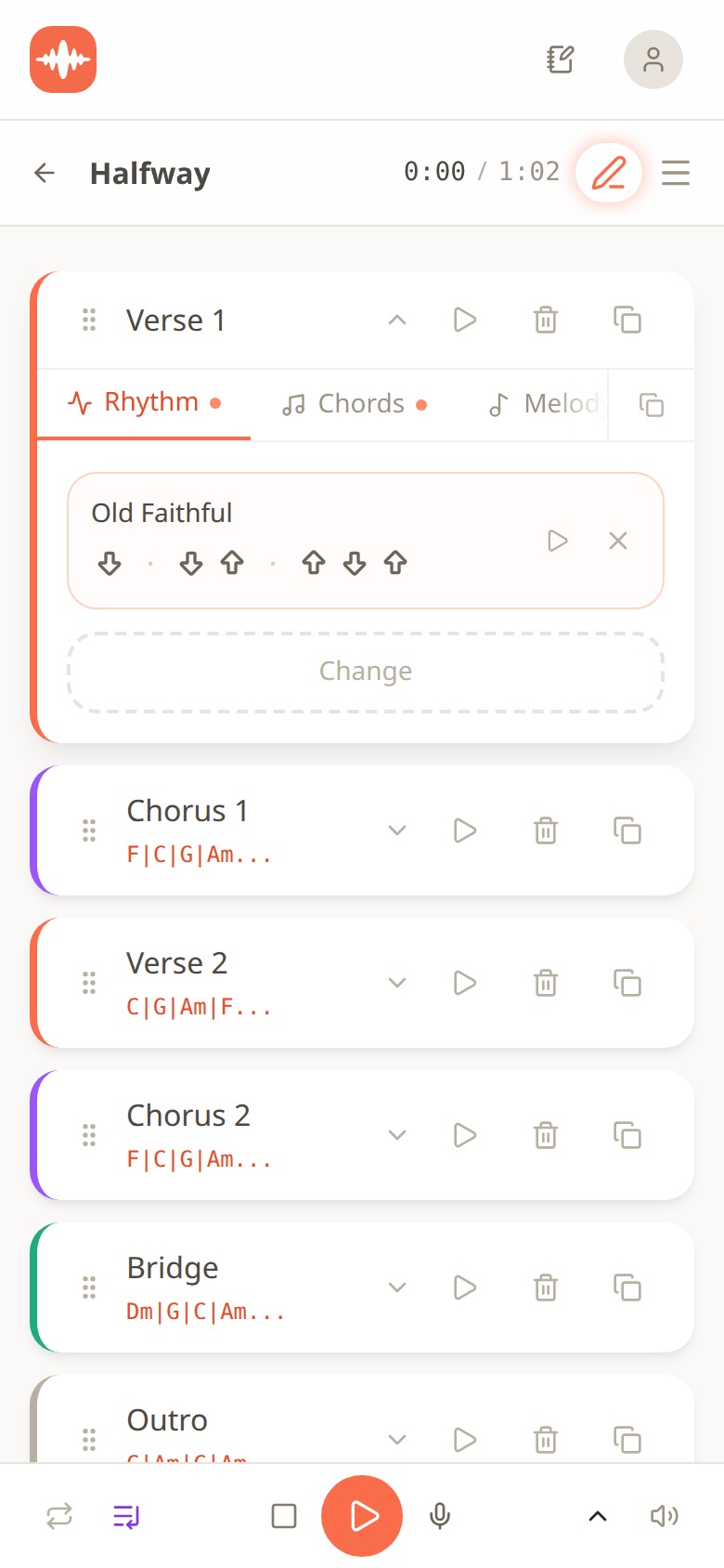 Verse 1 section open on the Rhythm tab showing the Old Faithful strum pattern, with Chorus, Verse 2, Bridge and Outro sections below