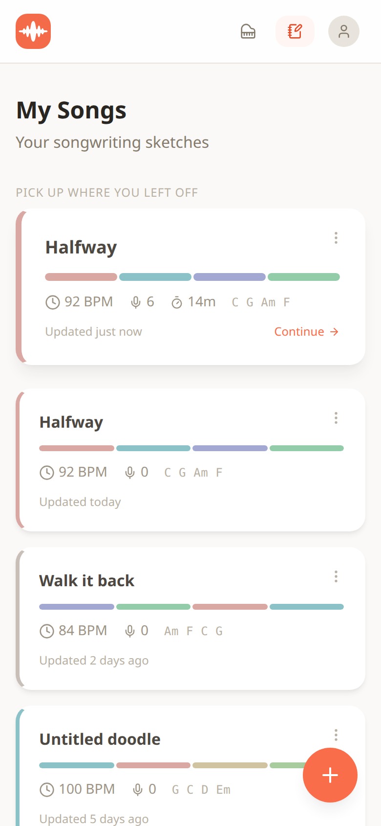 The My Songs view showing sketches as cards with tempo, take count, chords and a Continue button on the most recently edited song