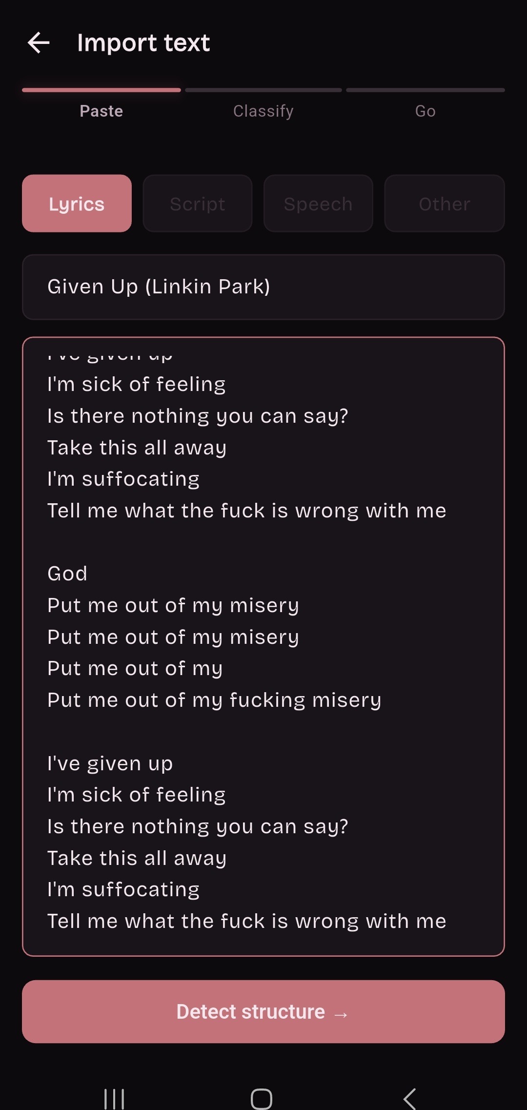 ReciteFlow import screen with Given Up by Linkin Park pasted as lyrics and the Detect structure button