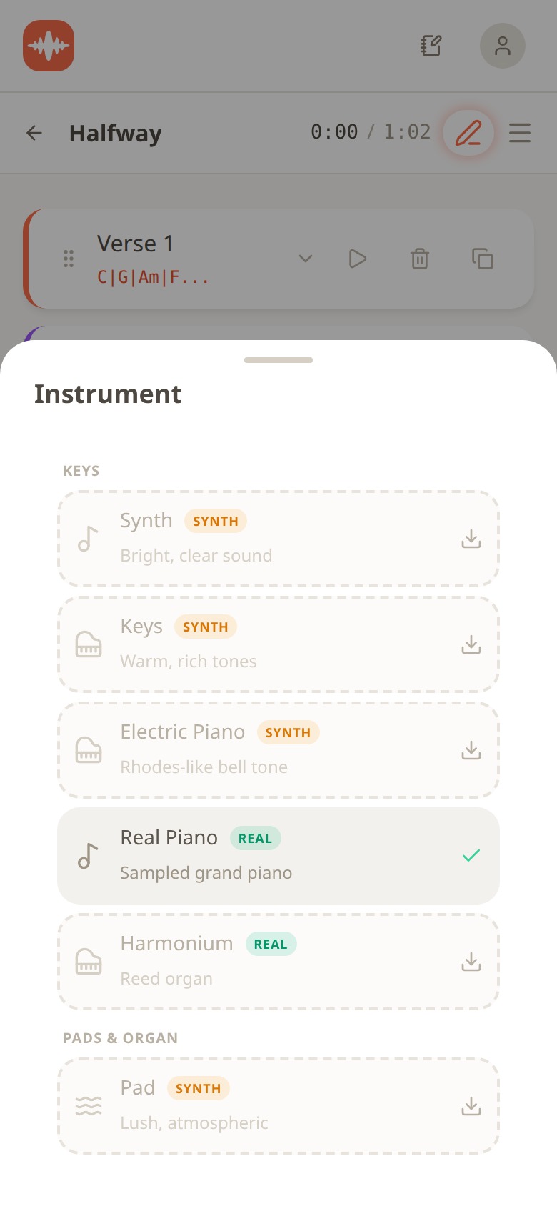 Instrument selection sheet with Real Piano selected, alongside Harmonium, Electric Piano, Keys, Synth and Pad options