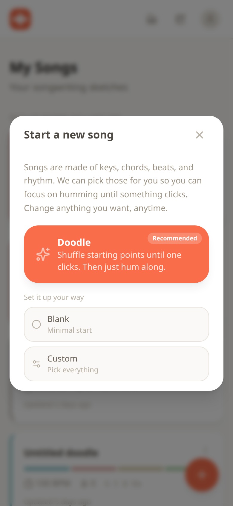 The Start a new song dialog with Doodle highlighted as recommended, plus Blank and Custom options underneath