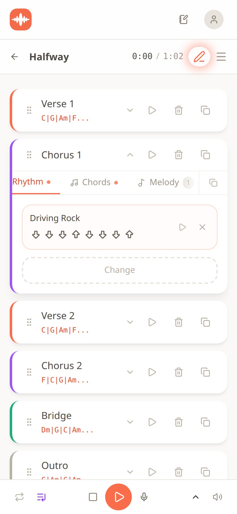 The song Halfway laid out as sections: Verse 1, Chorus 1 expanded to show its Driving Rock rhythm, Verse 2, Chorus 2, Bridge and Outro, each with its own chord progression