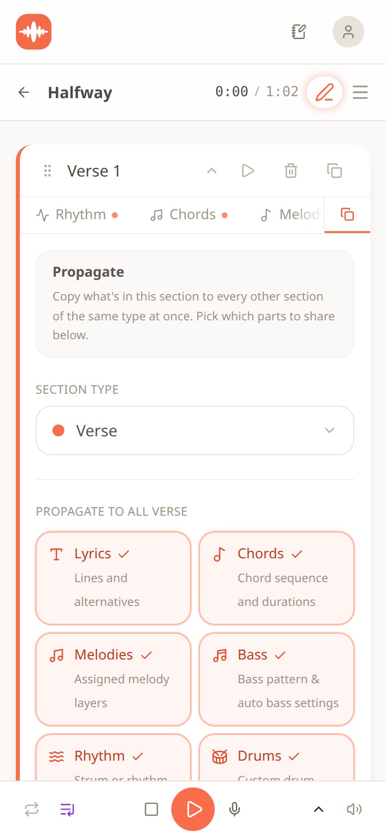 Melodoodle Propagate panel on Verse 1 with section type set to Verse and six tiles to copy: Lyrics, Chords, Melodies, Bass, Rhythm and Drums