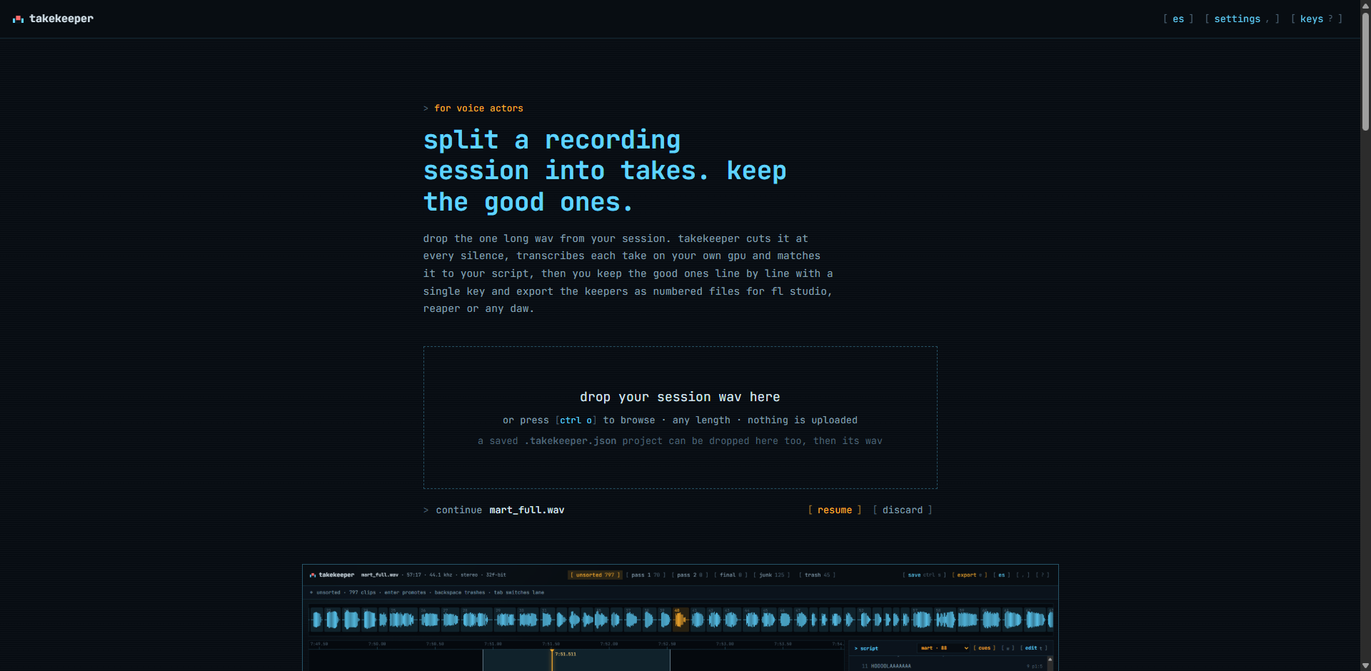 Takekeeper landing page with the drop target for a session WAV and a previously opened recording listed with resume and discard options