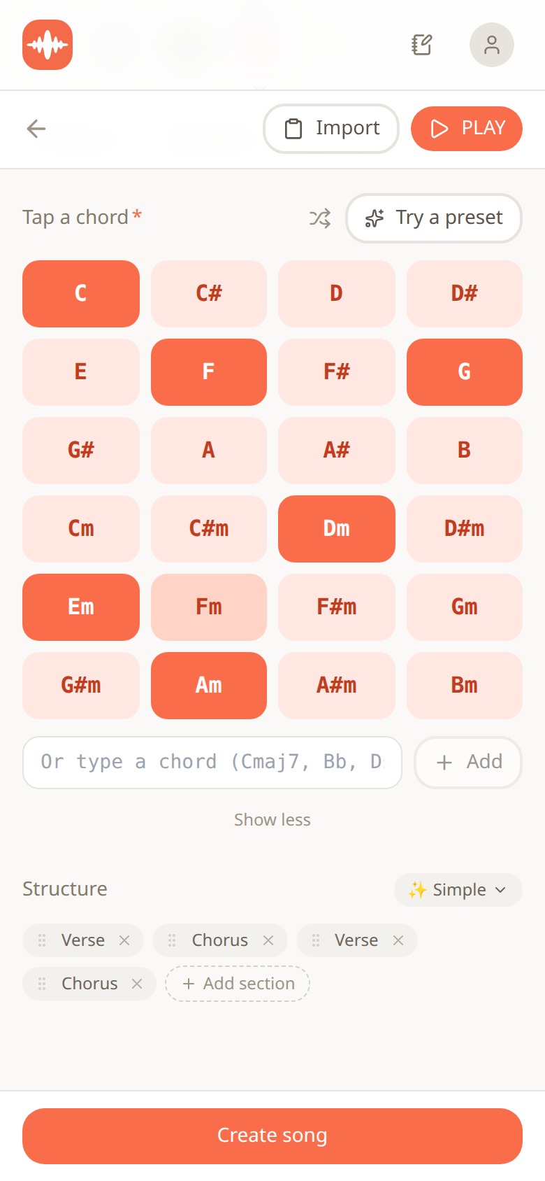 Melodoodle chord picker with the six chords of the key of C highlighted and a verse-chorus structure underneath