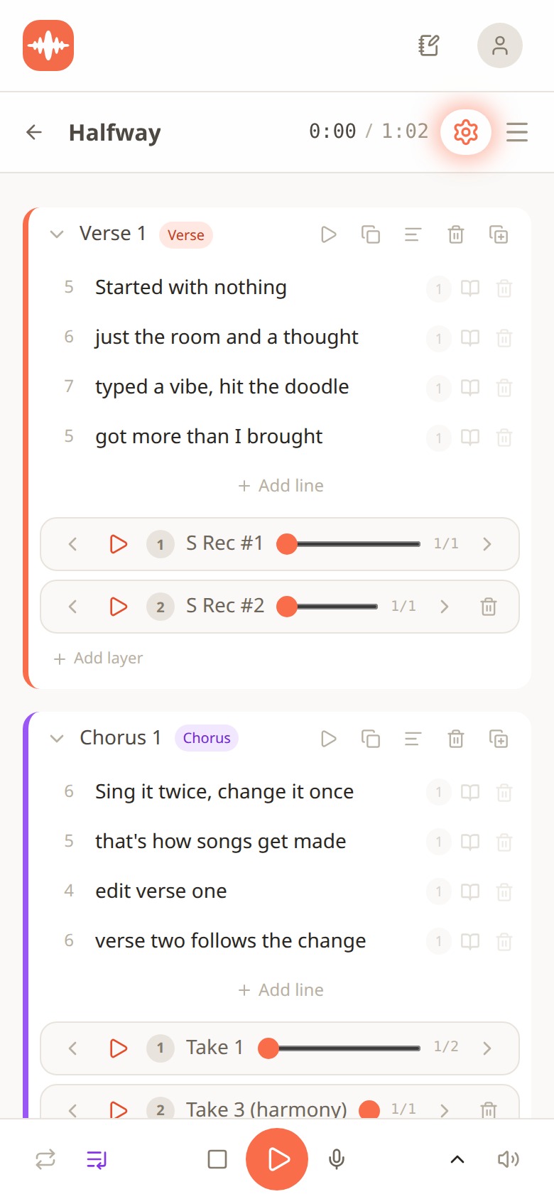 Melodoodle lyrics view showing the whole song section by section, Verse 1 and Chorus 1, with the takes listed beside each section
