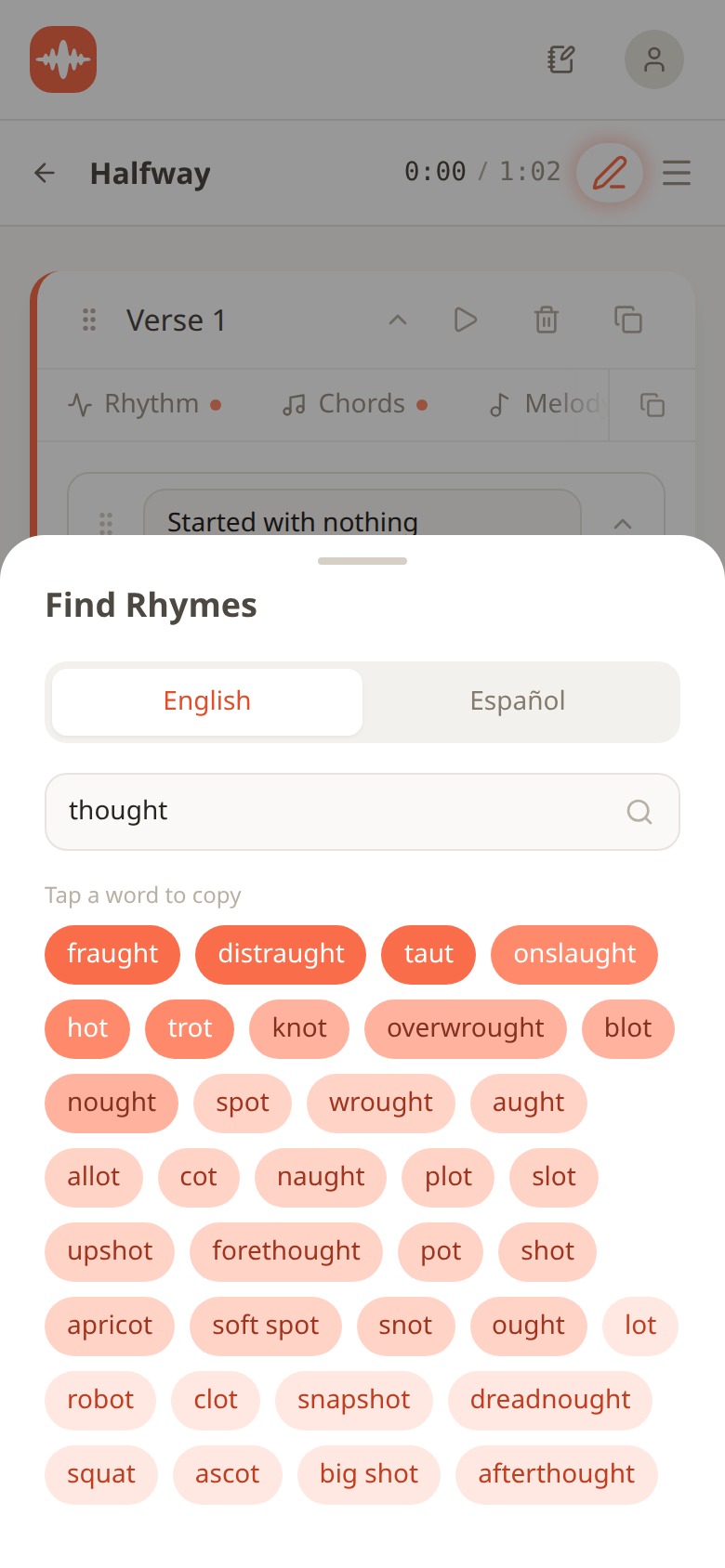 Melodoodle Find Rhymes panel with English and Español tabs, the word thought entered, and tappable rhyme suggestions below