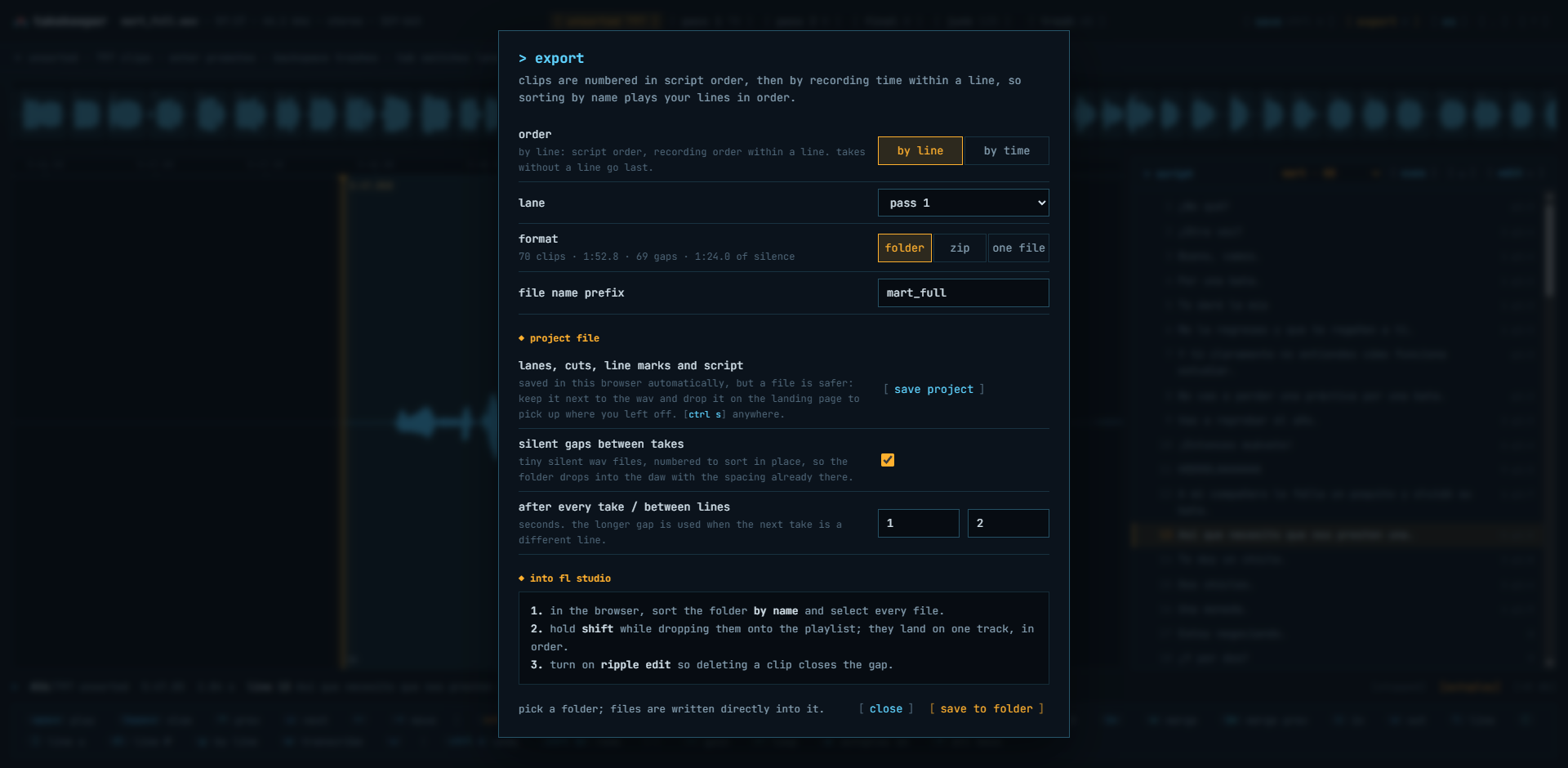 Takekeeper export dialog for the Pass 1 lane with 70 clips: order by line, folder format, silent gaps enabled with 1 second after every take and 2 seconds between lines, and FL Studio drop instructions