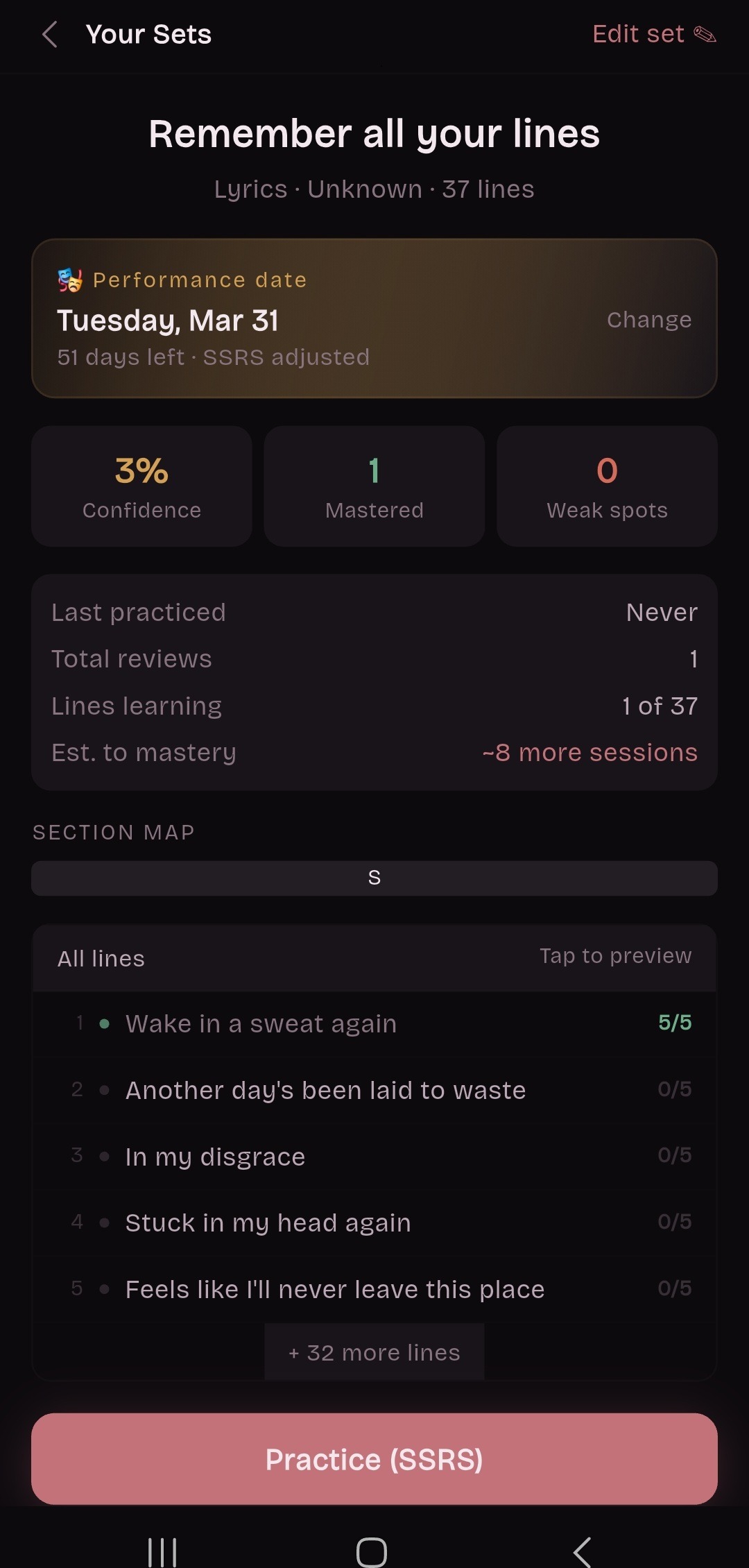 ReciteFlow set details screen showing performance date, confidence percentage, mastered lines, weak spots, estimated sessions to mastery, a section map and the line list with scores