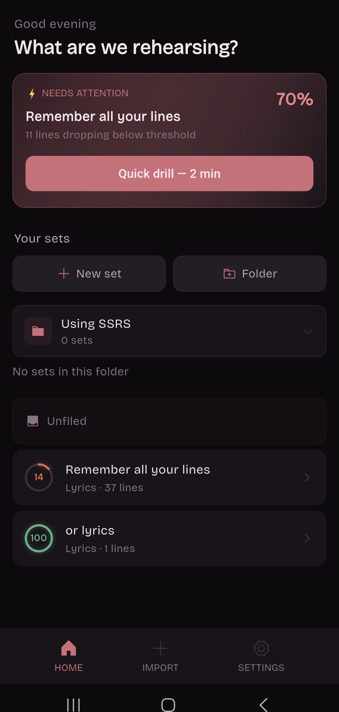 ReciteFlow home screen with a Needs Attention card showing the set at 70 percent, 11 lines dropping below threshold, and a quick drill button of about 2 minutes