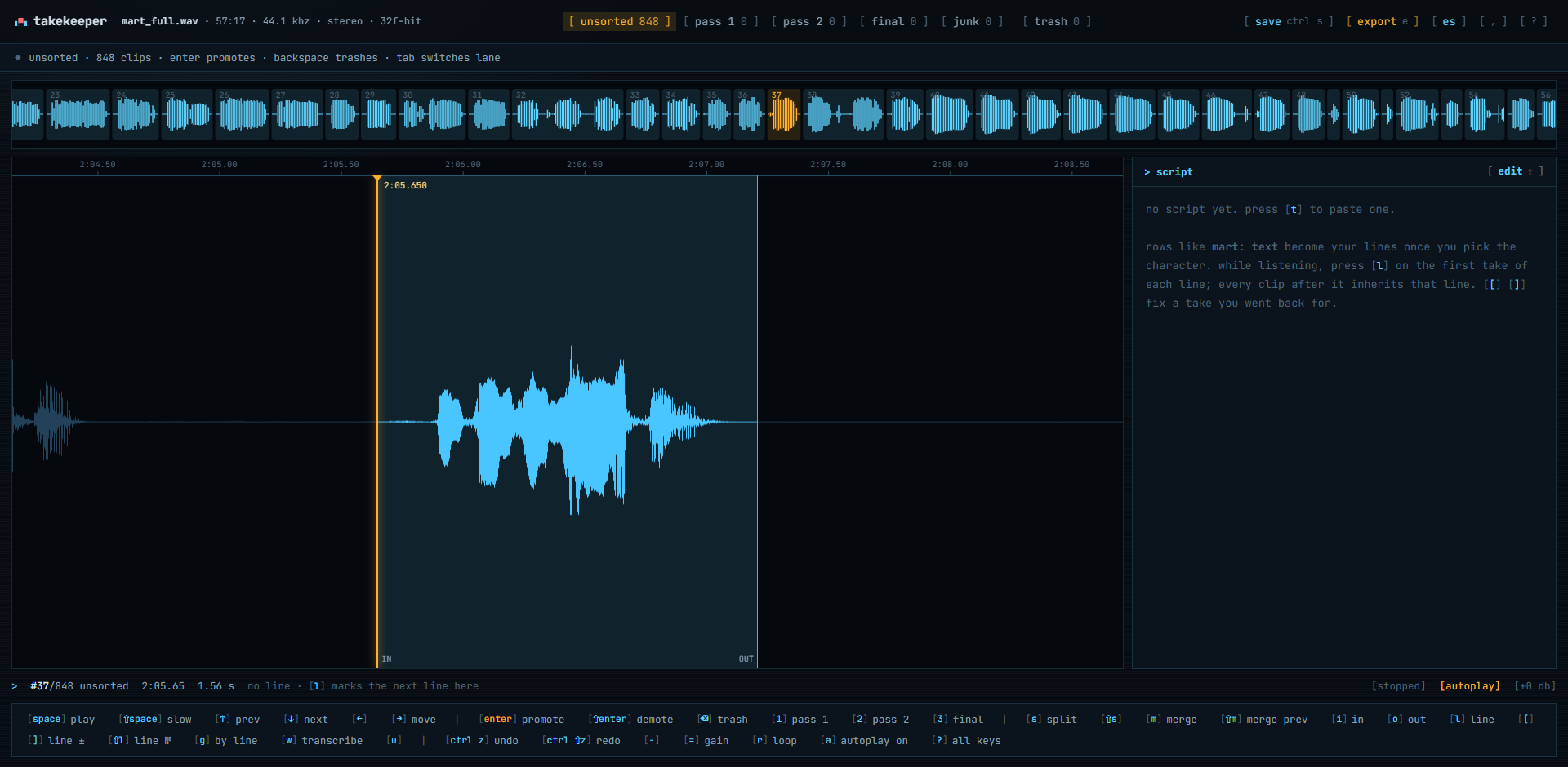 Takekeeper right after silence detection: 848 takes in the Unsorted lane, take 37 selected on the waveform with IN and OUT markers, script panel empty