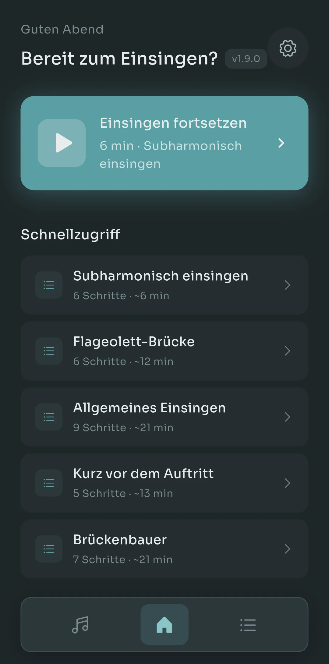 Scalita-Startbildschirm mit einer Weiter-Karte für das Einsingen und einer Schnellzugriff-Liste von Routinen mit Schrittzahl und Dauer