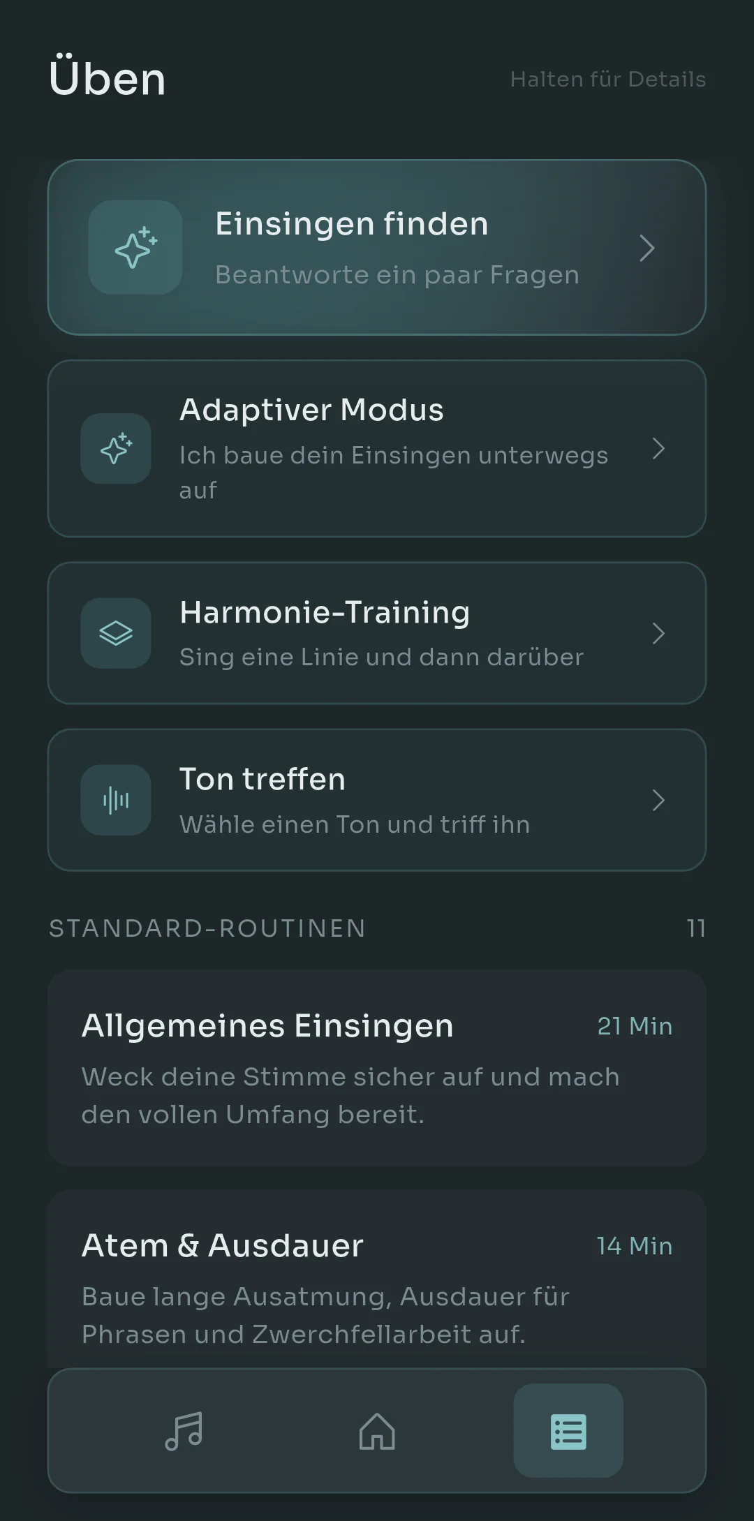 Scalita Practice-Tab mit Find My Warmup, Adaptive Mode, Harmony training und Pitch targeting oben und integrierten Routinen wie Agility & Runs und Breath Control & Stamina darunter