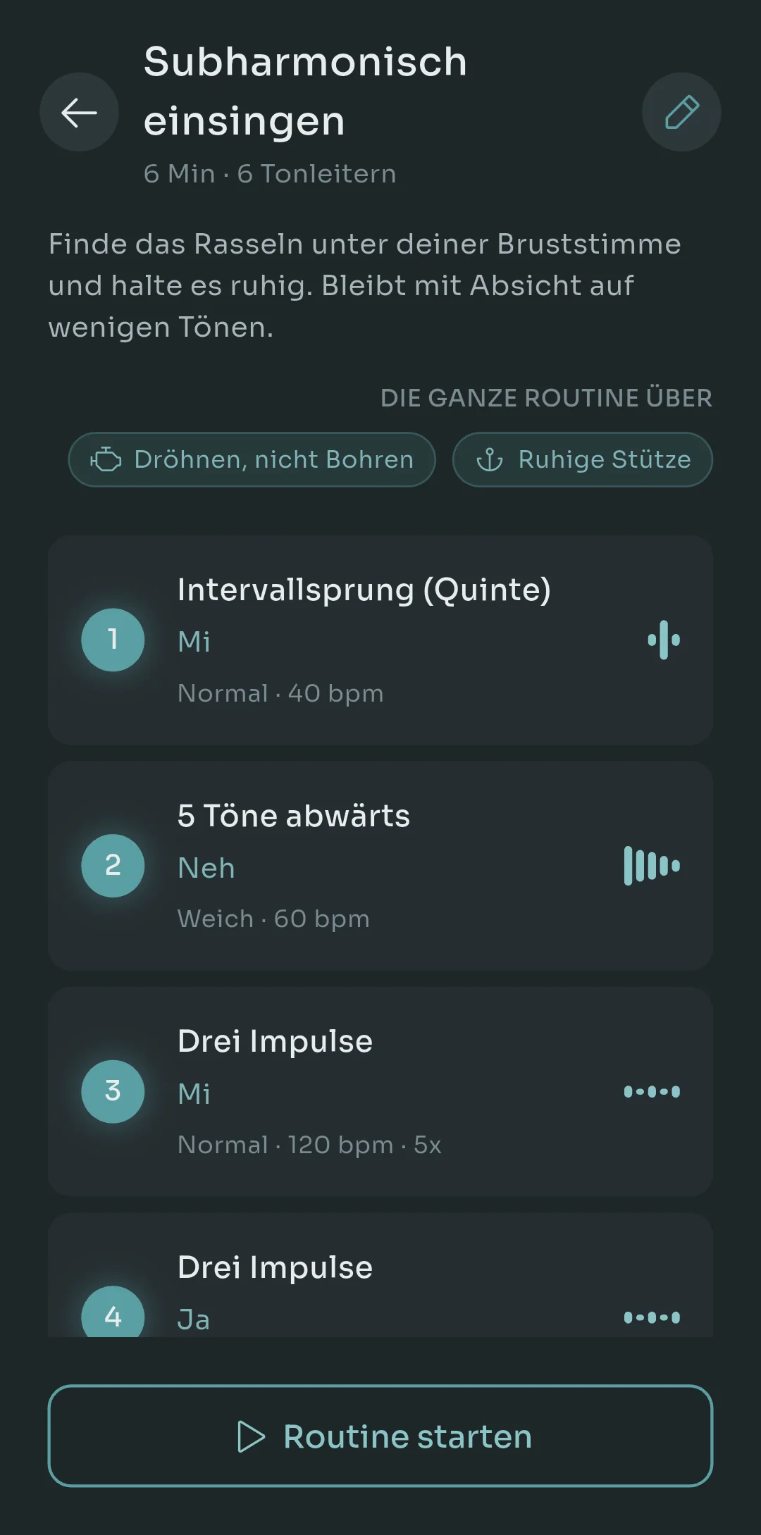 Scalita-Routineübersicht für ein sechsminütiges Subharmonic Warmup mit vier Schritten, die Skala, Silbe, Stil, Tempo und Wiederholungen auflisten, plus zwei Hinweisen für die ganze Routine: Drone, not drill und Steady support
