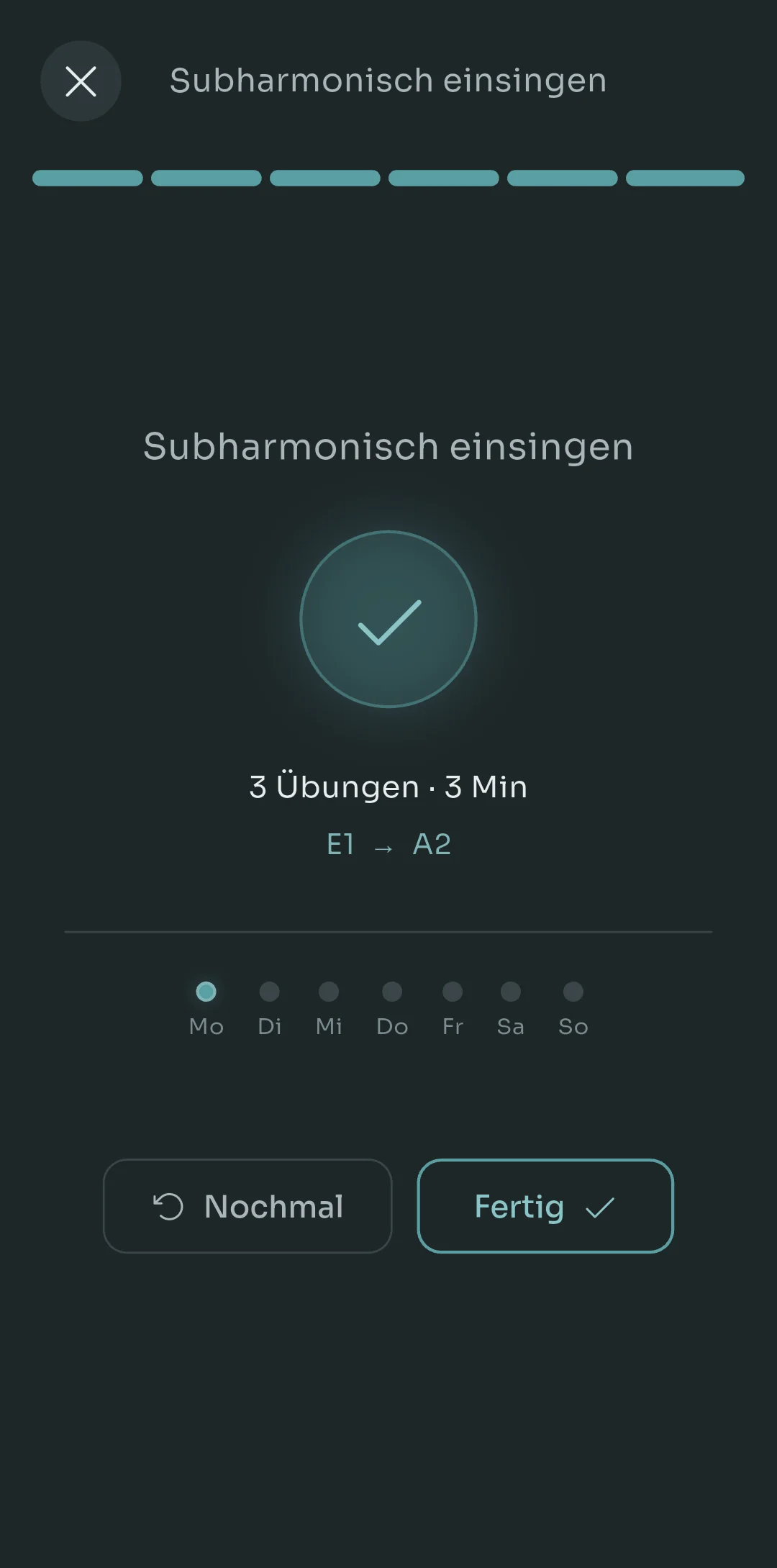 Scalita-Bildschirm am Ende einer Routine mit Häkchen, Zusammenfassung von Übungen, Zeit und abgedecktem Umfang, wöchentlichen Übungspunkten von Montag bis Sonntag sowie den Buttons Again und Done