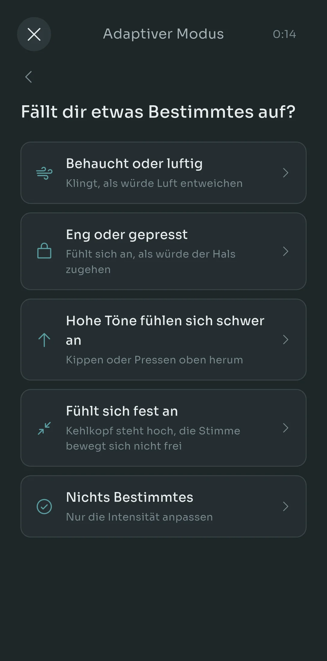 Scalita Adaptive Mode mit laufendem Timer, der fragt, ob sich die Stimme hauchig, eng, oben schwer, festgefahren oder unauffällig anfühlt