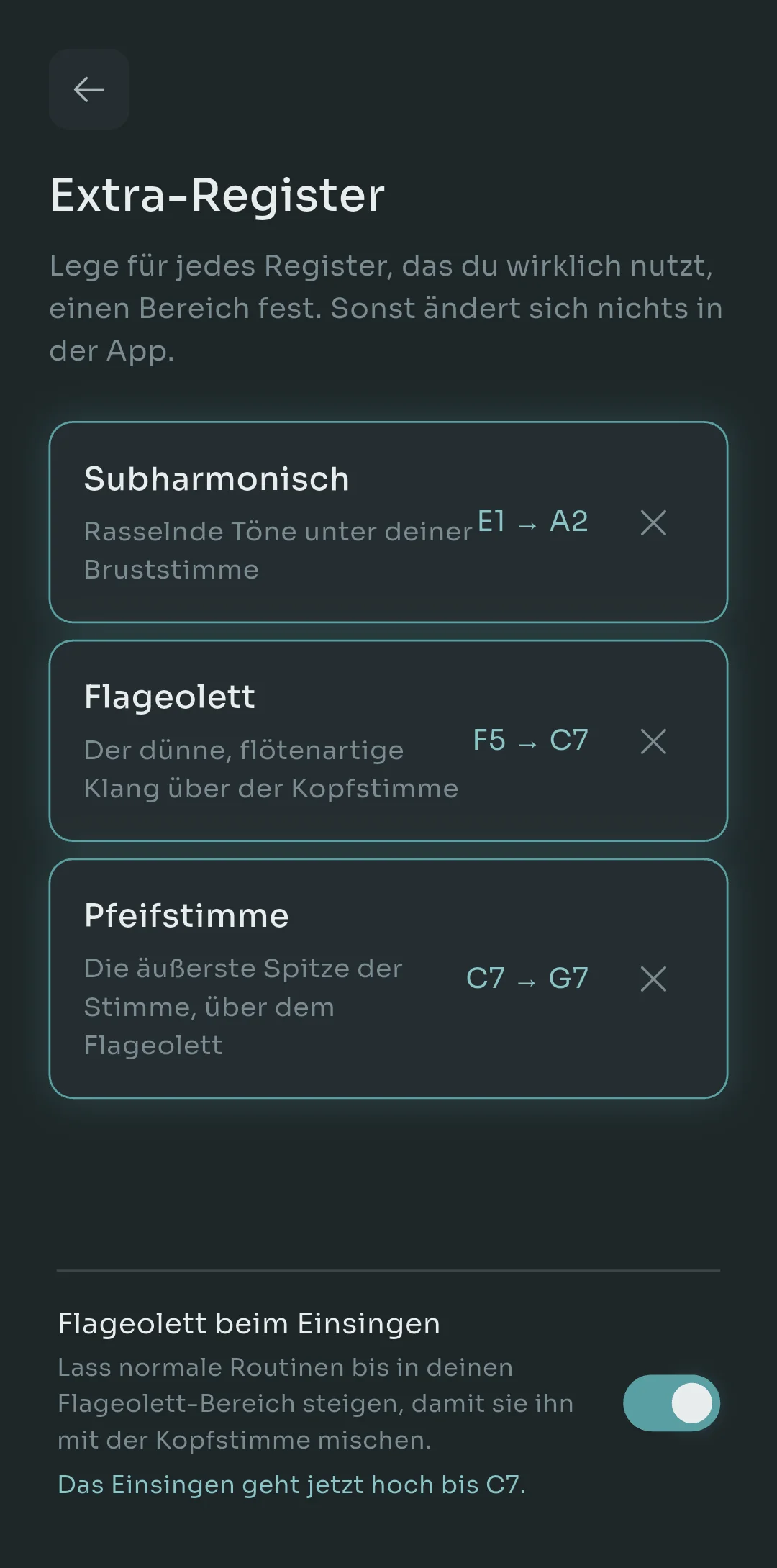Scalita-Bildschirm für zusätzliche Register mit Subharmonic von E1 bis A2, Flageolet F5 bis C7 und Whistle C7 bis G7, plus einem Schalter, um Flageolet in Warmups zu verwenden