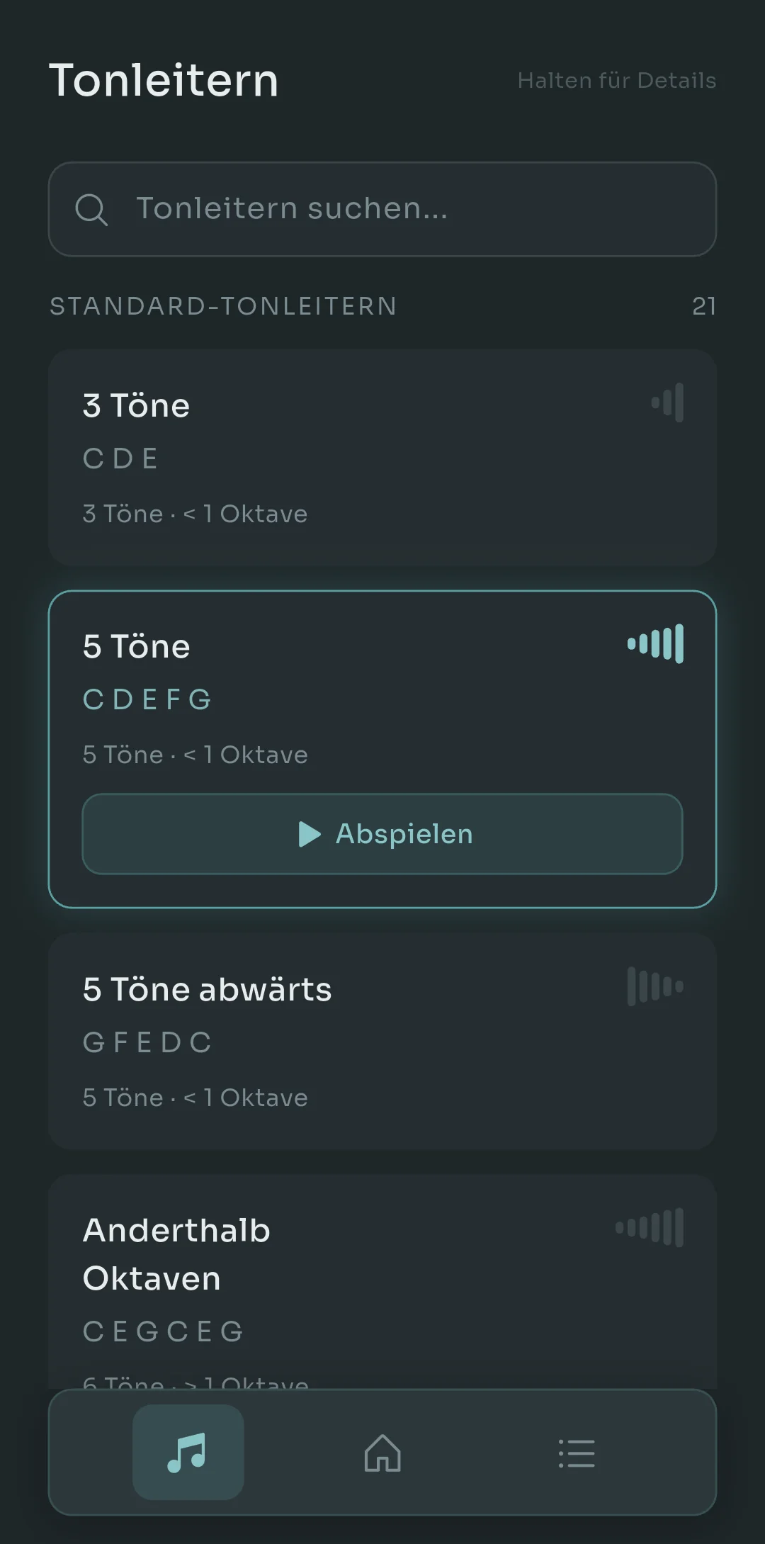 Scalita Scales-Tab mit integrierten Tonleitern wie 3 Note, 5 Note, 5 Note Descending und Arpeggio (7th), jeweils mit Notennamen, Umfang und einer kleinen Formvorschau