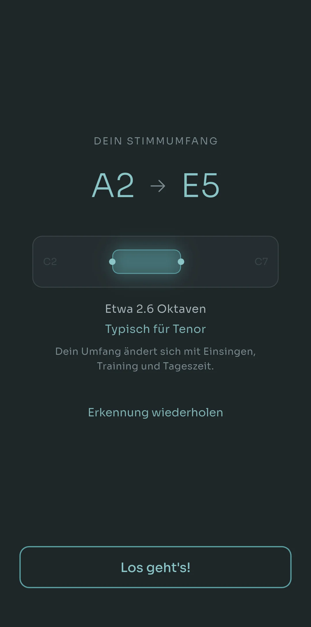 Scalita-Ergebnisbildschirm mit einem Stimmumfang von A2 bis E5, etwa 2,6 Oktaven, typisch für eine Tenorstimme, mit der Option, die Erkennung zu wiederholen