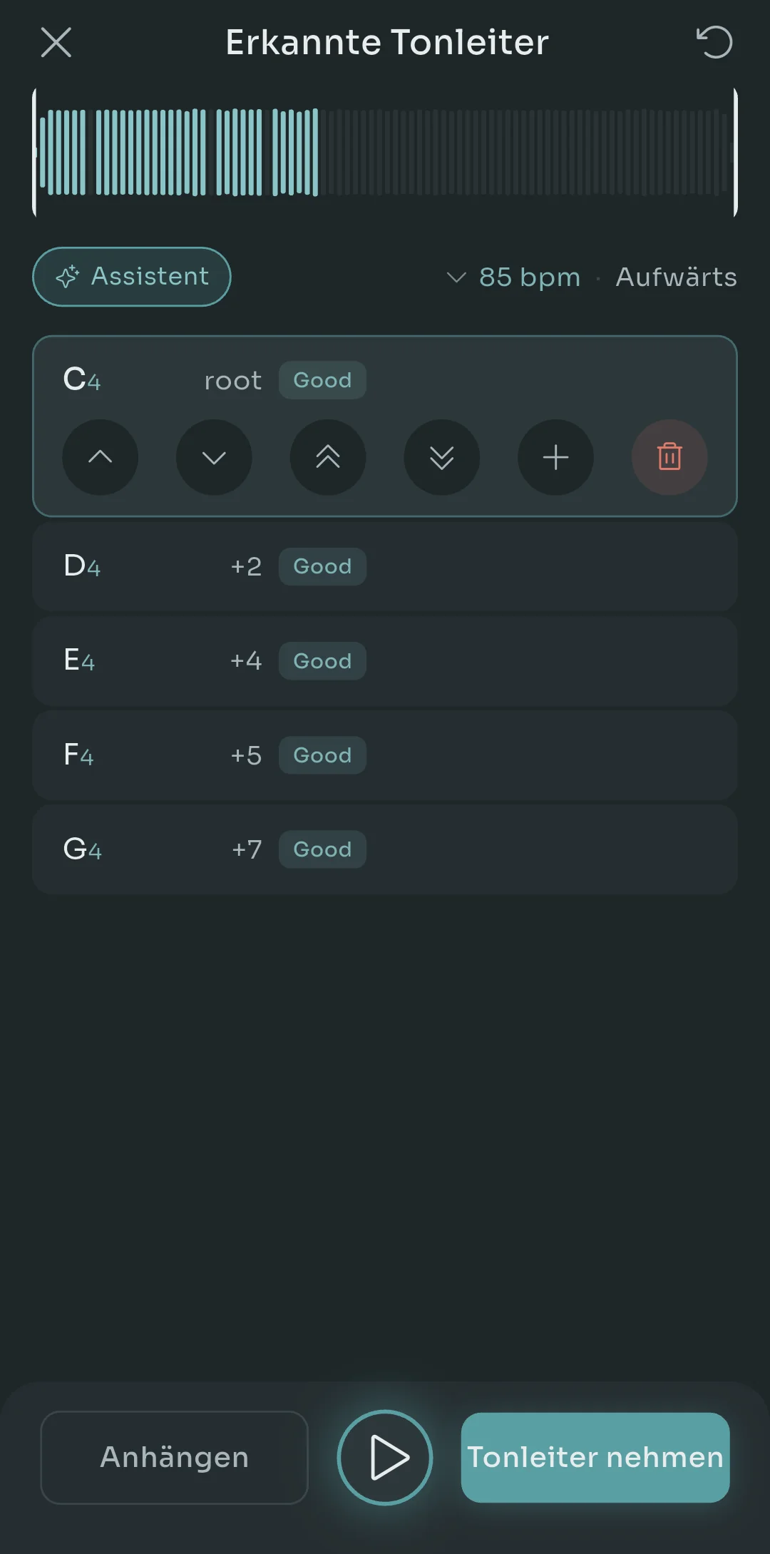 Der Bildschirm „Detected Scale“ von Scalita mit C4 als Grundton, gefolgt von D4, E4, F4 und G4, jeweils mit dem Intervall zum Grundton und dem Konfidenz-Label „Good“ markiert, mit Steuerelementen zum Verschieben, Hinzufügen oder Löschen von Noten