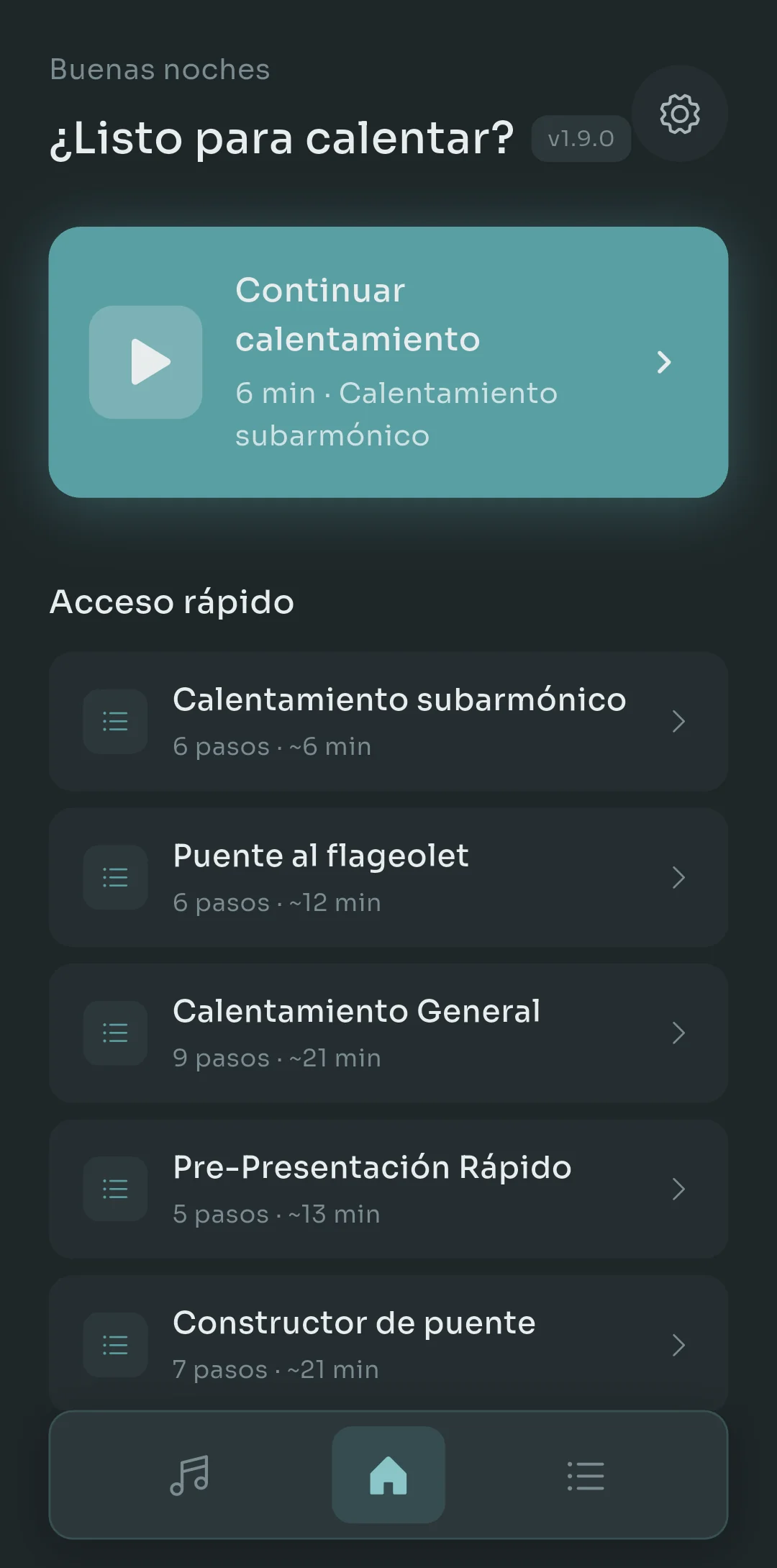 Pantalla de inicio de Scalita con una tarjeta de Continuar calentamiento y una lista de Acceso rápido con rutinas, número de pasos y duraciones