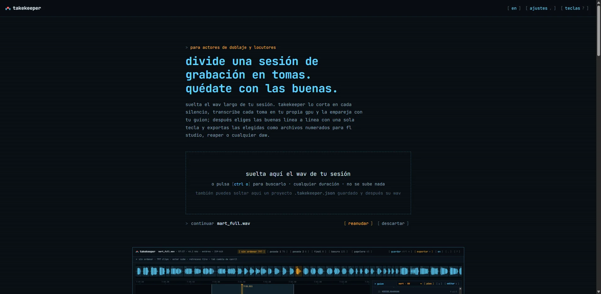 Página de inicio de Takekeeper con la zona para soltar el WAV de una sesión y una grabación abierta anteriormente listada con las opciones de reanudar y descartar