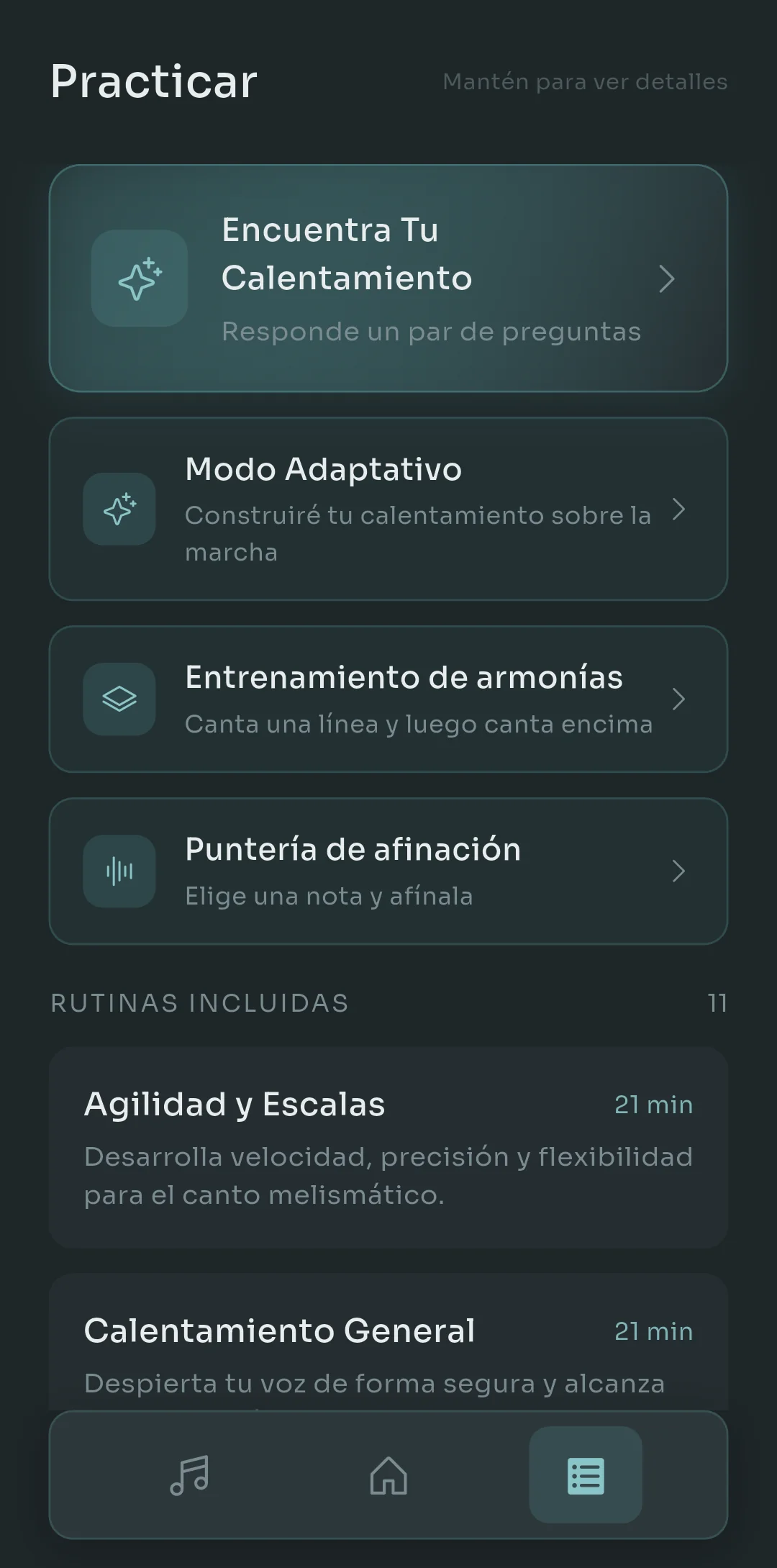 Pestaña Práctica de Scalita con Encuentra tu calentamiento, Modo adaptativo, Entrenamiento de armonía y Nota objetivo arriba, y rutinas integradas como Agilidad y pasajes y Control de la respiración y resistencia debajo