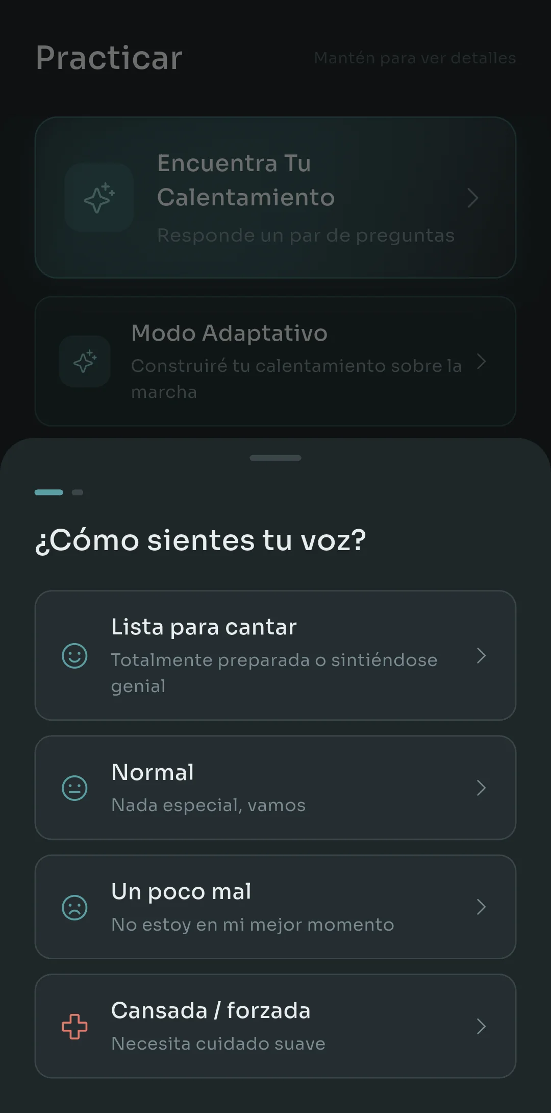 Find My Warmup de Scalita preguntando cómo sientes la voz, con cuatro opciones: lista para salir, normal, un poco rara, y cansada o forzada