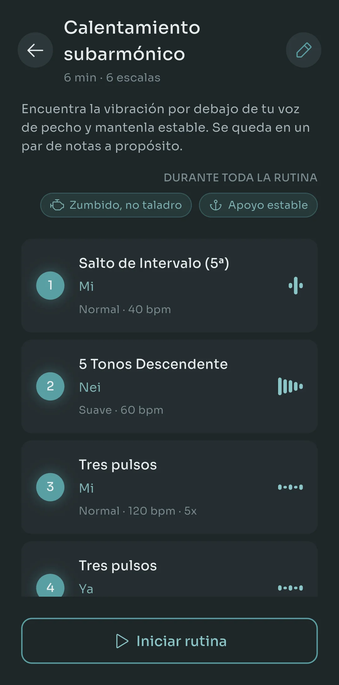 Vista general de la rutina Calentamiento Subarmónico en Scalita con las indicaciones Sostén no corras y Apoyo estable, seguida de seis pasos que incluyen Salto de Intervalo, 5 Notas Descendentes y Tres Pulsos