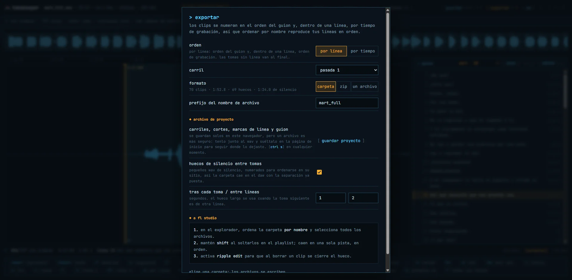 Diálogo de exportación de Takekeeper para el carril Pase 1 con 70 clips: orden por línea, formato carpeta, huecos de silencio activados con 1 segundo después de cada toma y 2 segundos entre líneas, e instrucciones para soltarlos en FL Studio