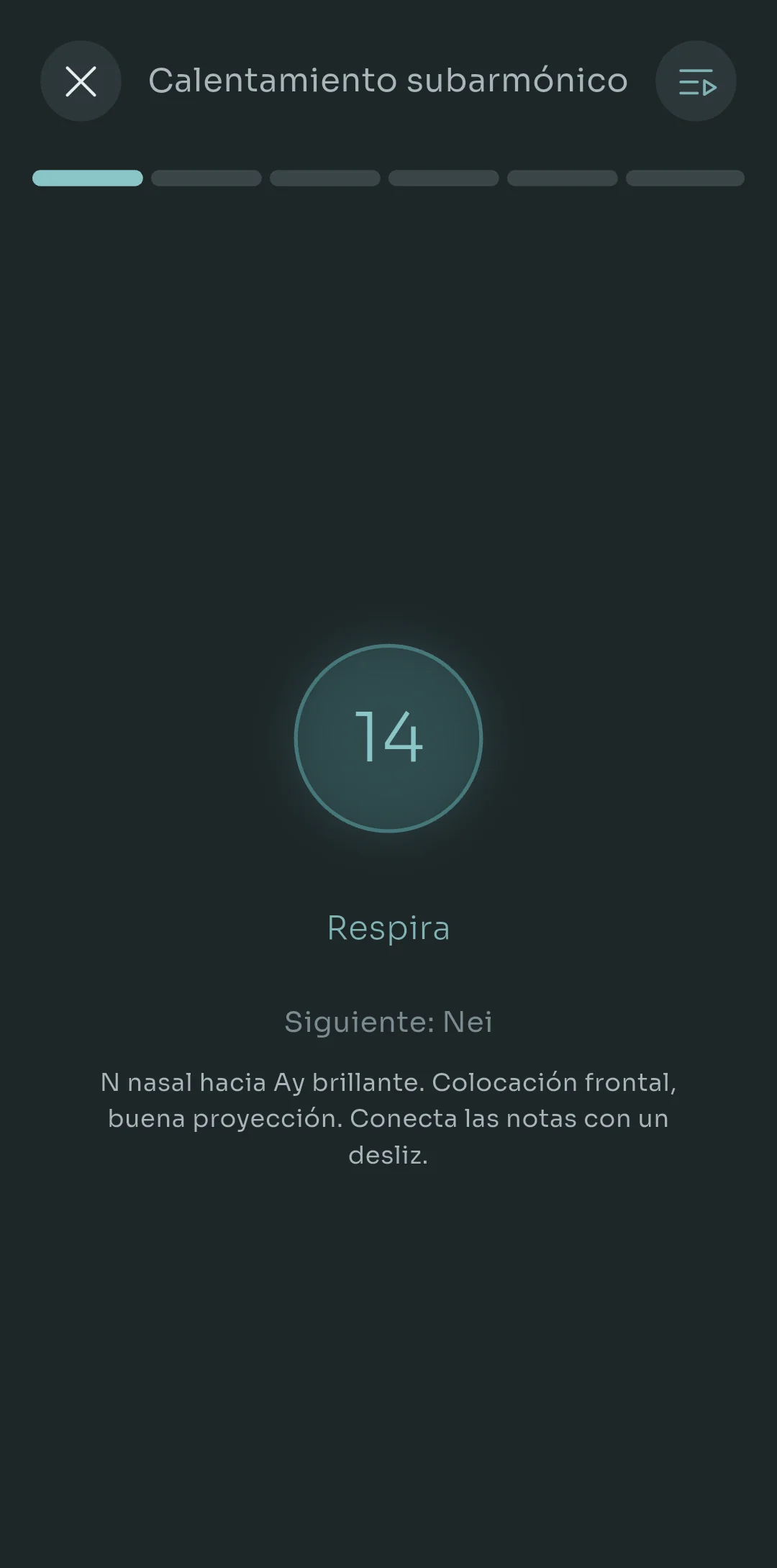 Una cuenta atrás de respiración entre ejercicios en Scalita, mostrando el siguiente ejercicio Nay con su indicación técnica sobre una N nasal que pasa a una Ay brillante