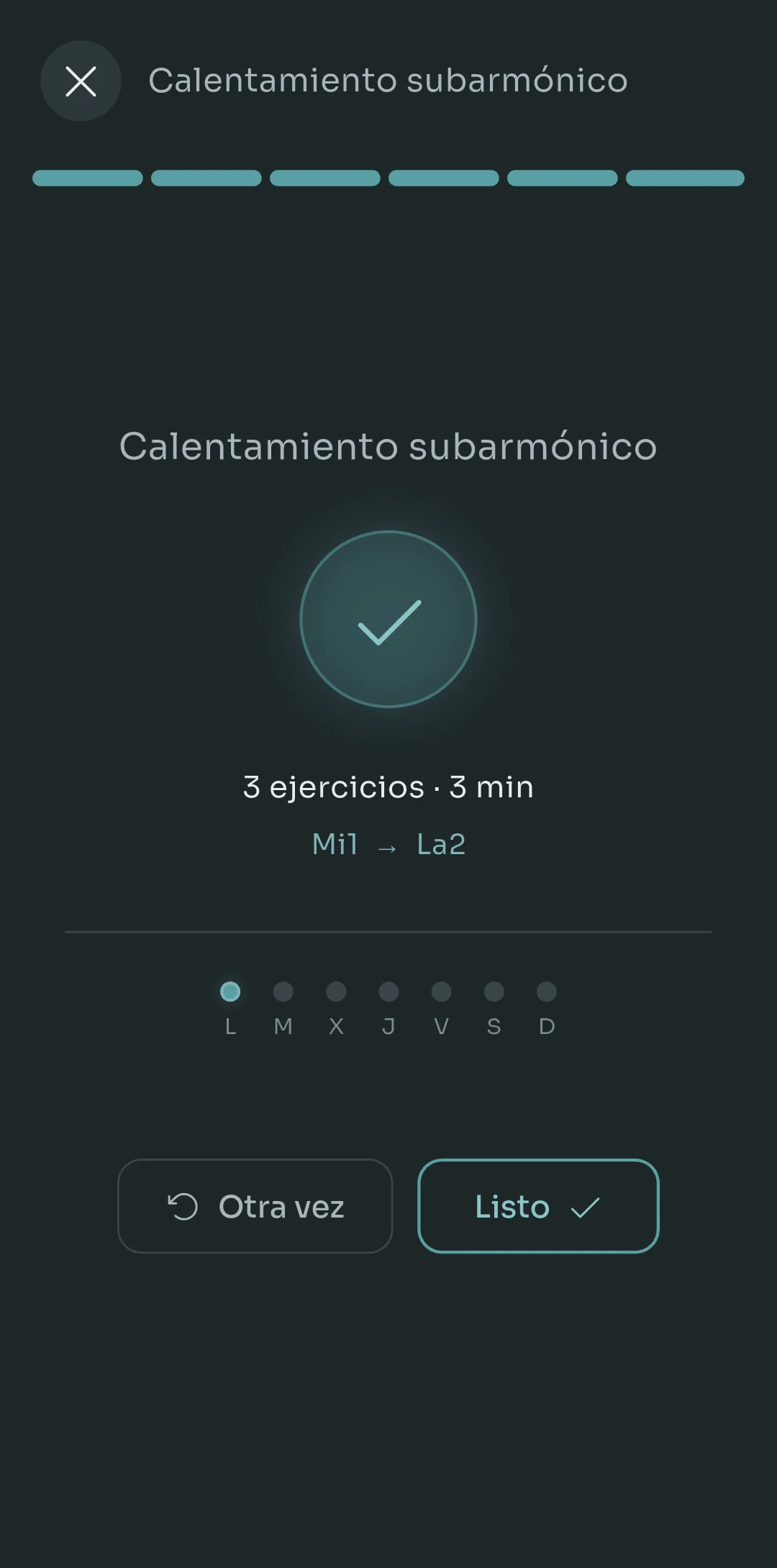 Pantalla de fin de rutina de Scalita con una marca de verificación, un resumen de ejercicios, tiempo y tesitura cubierta, puntos de práctica semanal de lunes a domingo y botones de Otra vez y Listo